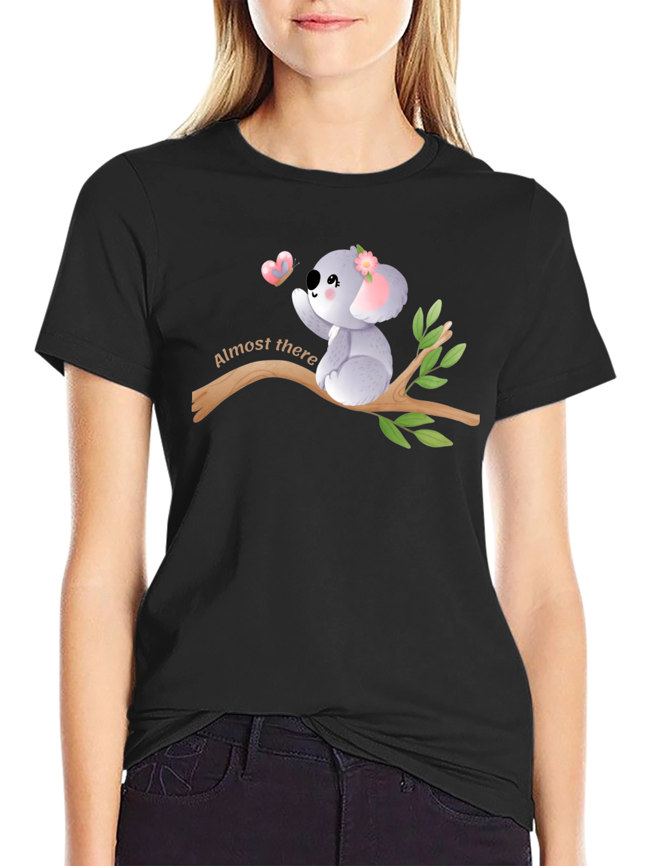 Cute Koala Almost There Black Graphic T-Shirt