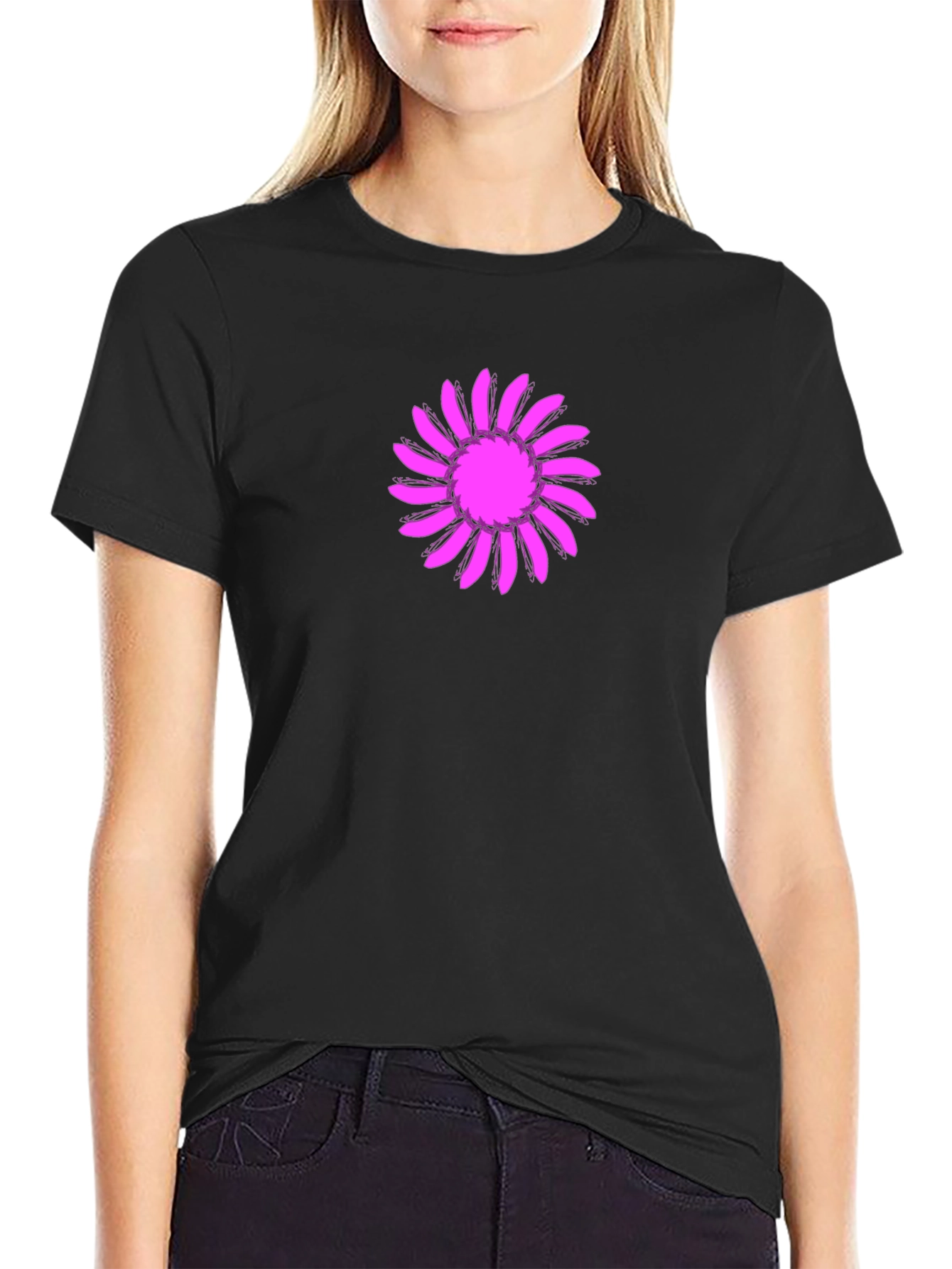 Black T-Shirt with Pink Floral Design