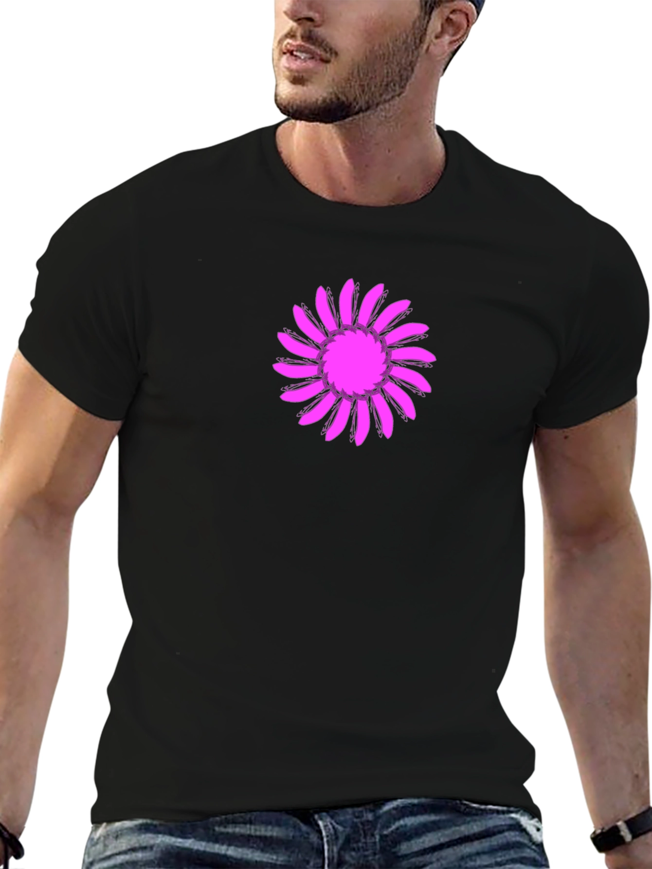Black T-Shirt with Pink Floral Design