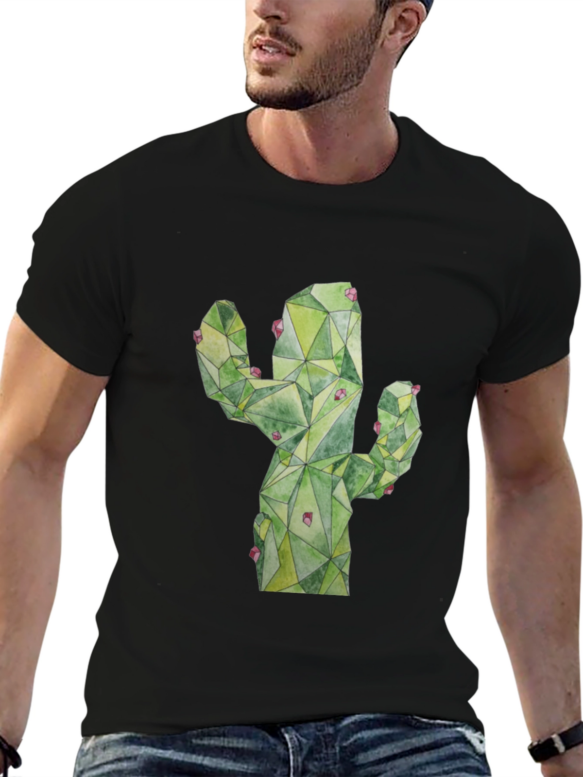 Geometric Cactus Print Black T-Shirt