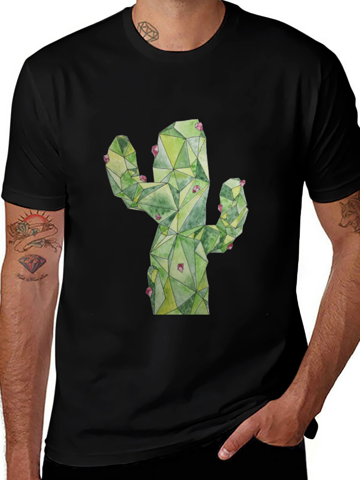 Geometric Cactus Print Black T-Shirt
