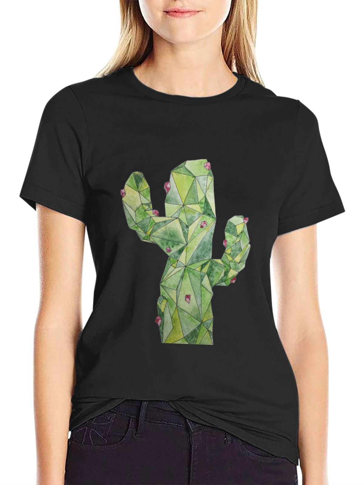 Geometric Cactus Print Black T-Shirt