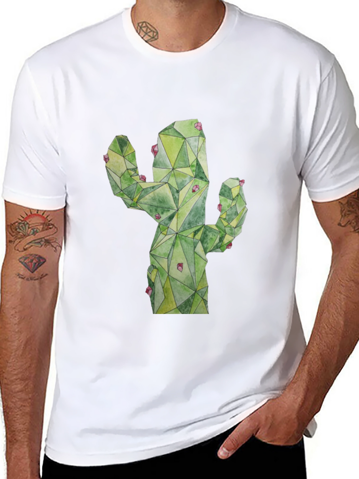 Geometric Cactus Print Black T-Shirt
