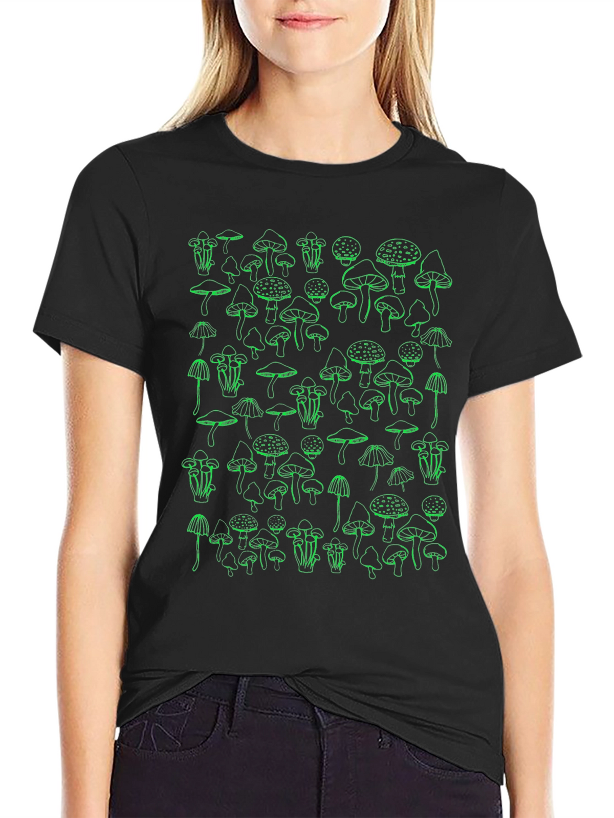 Mushroom Graphic T-Shirt - Green Print on Black