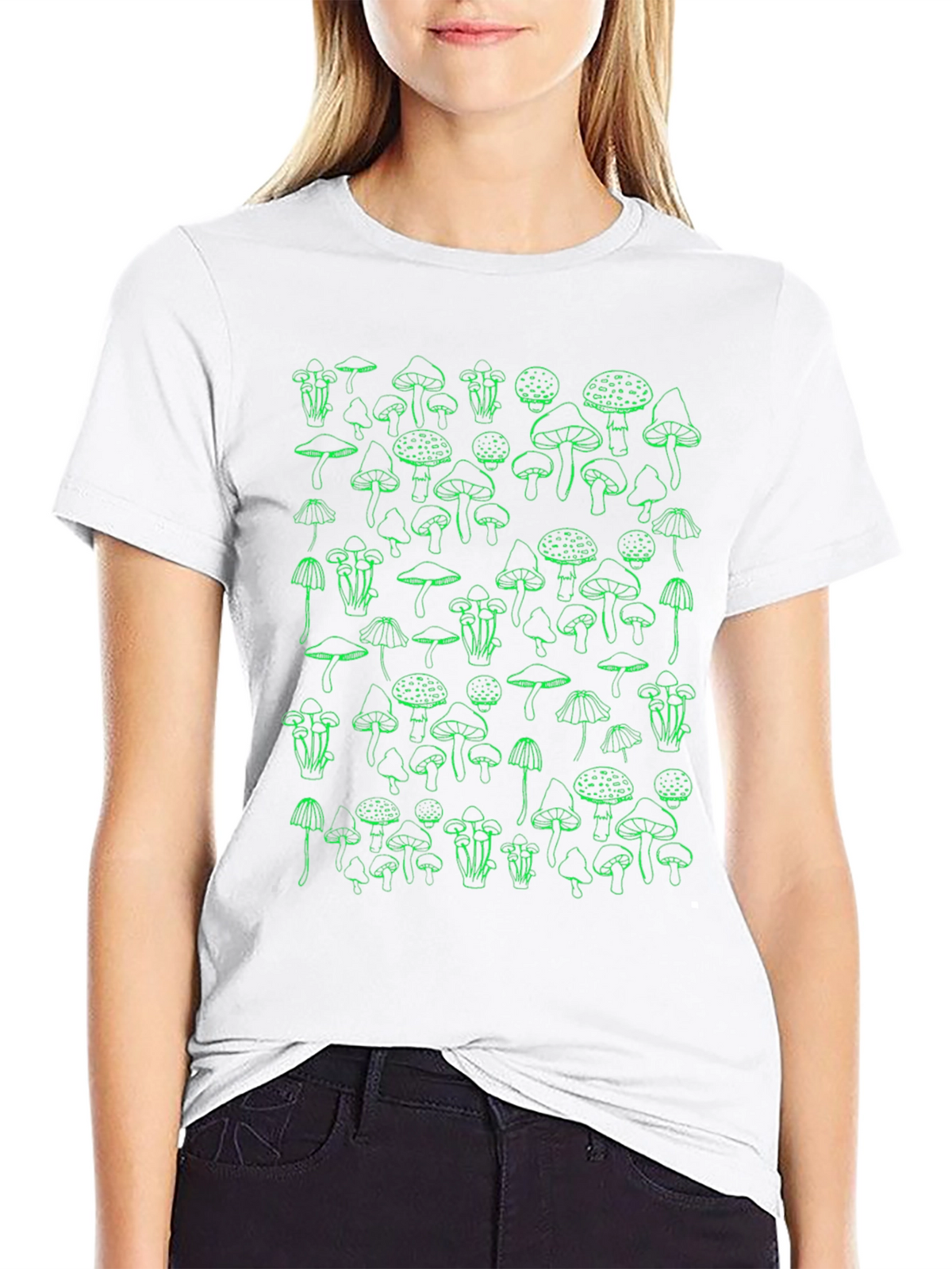 Mushroom Graphic T-Shirt - Green Print on Black