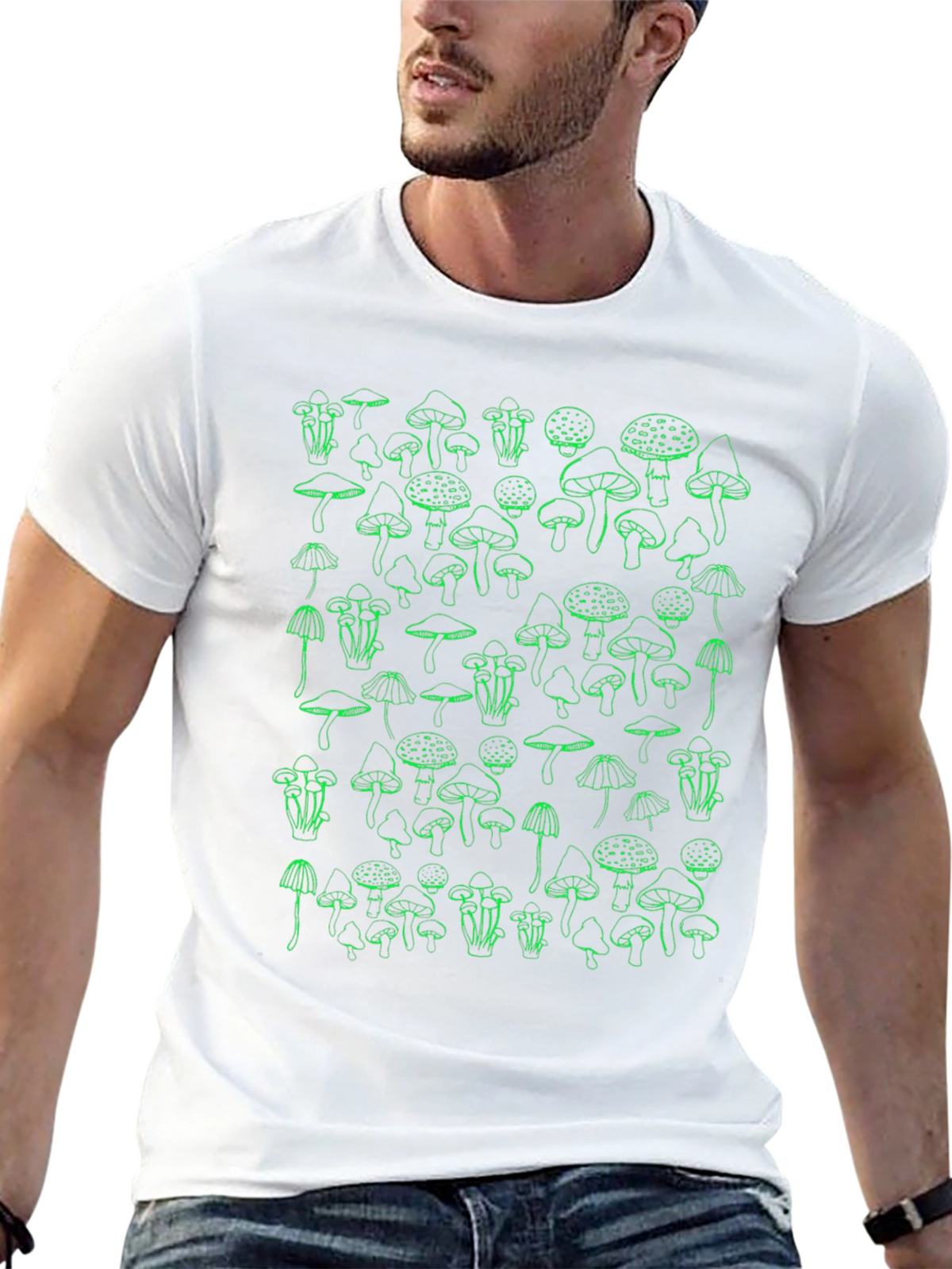 Mushroom Graphic T-Shirt - Green Print on Black