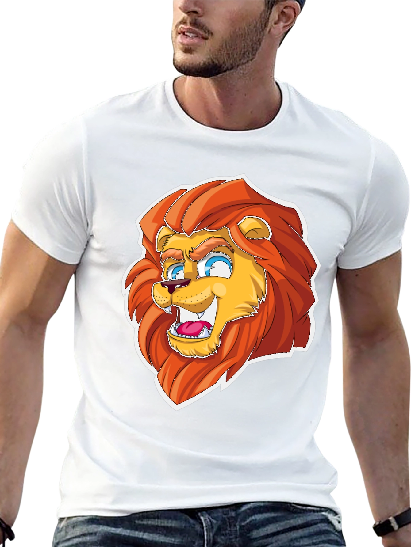 Cartoon Lion Graphic Tee - Black Cotton Blend