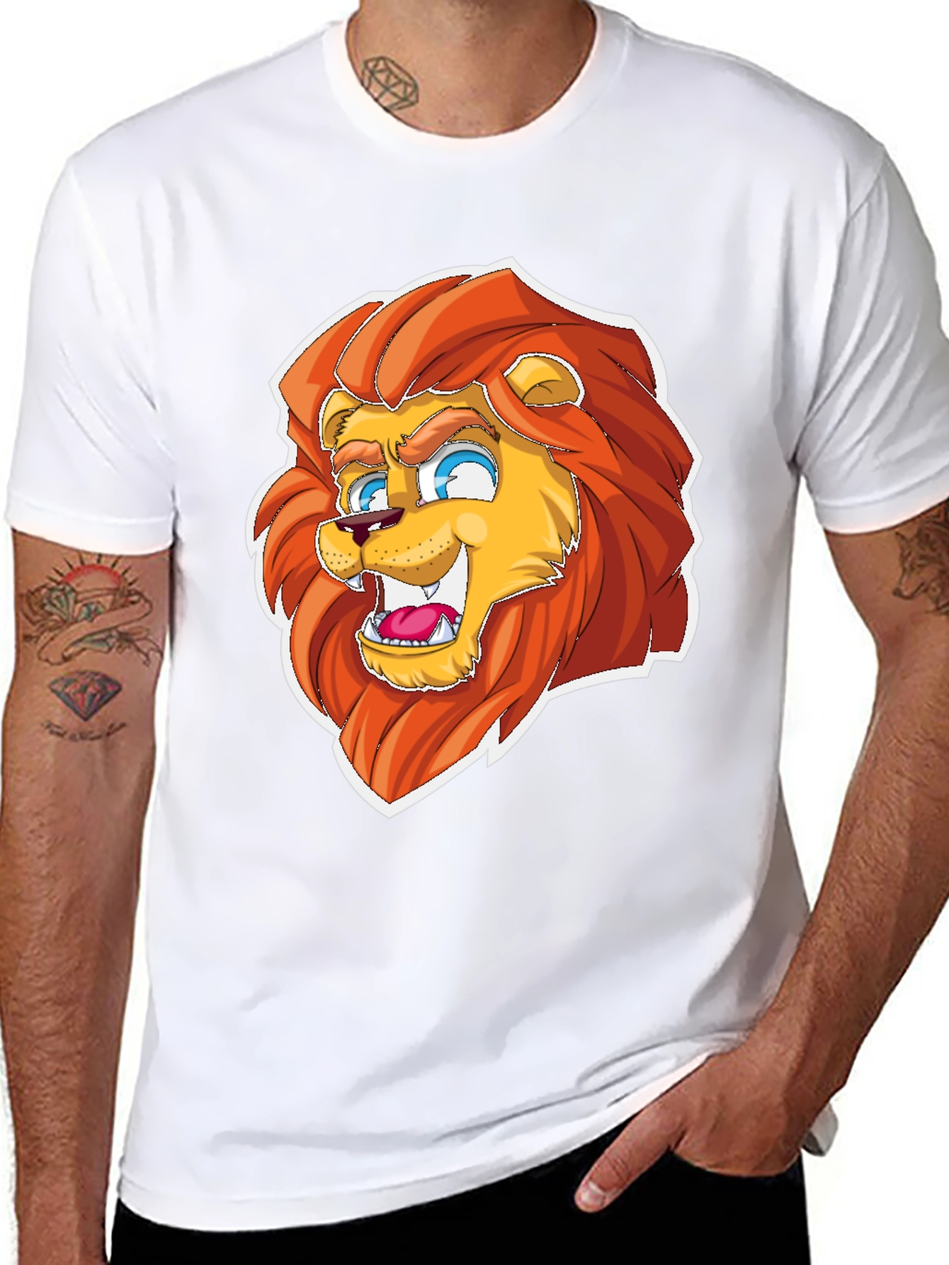 Cartoon Lion Graphic Tee - Black Cotton Blend