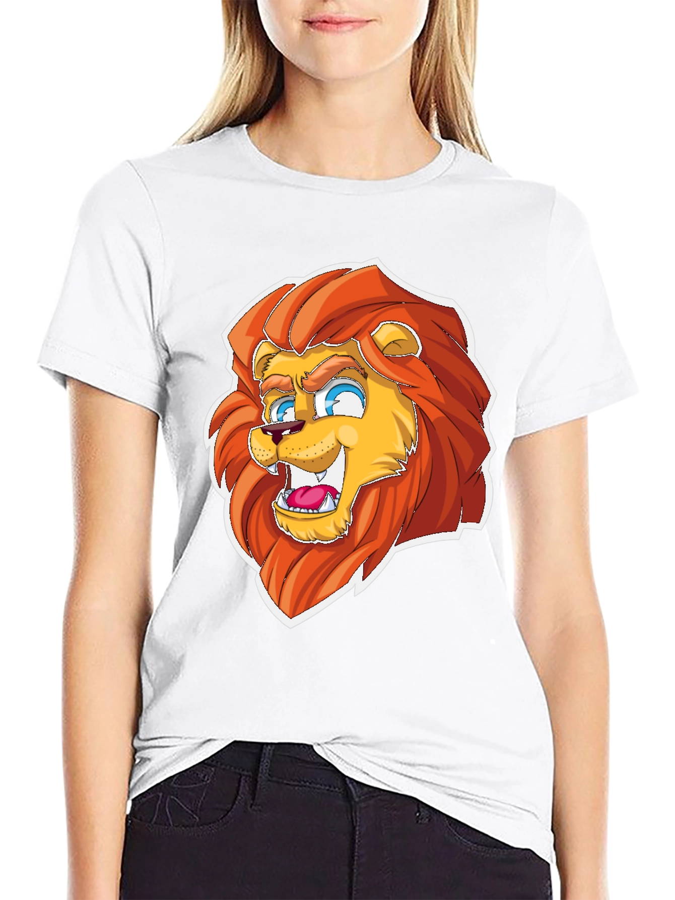 Cartoon Lion Graphic Tee - Black Cotton Blend