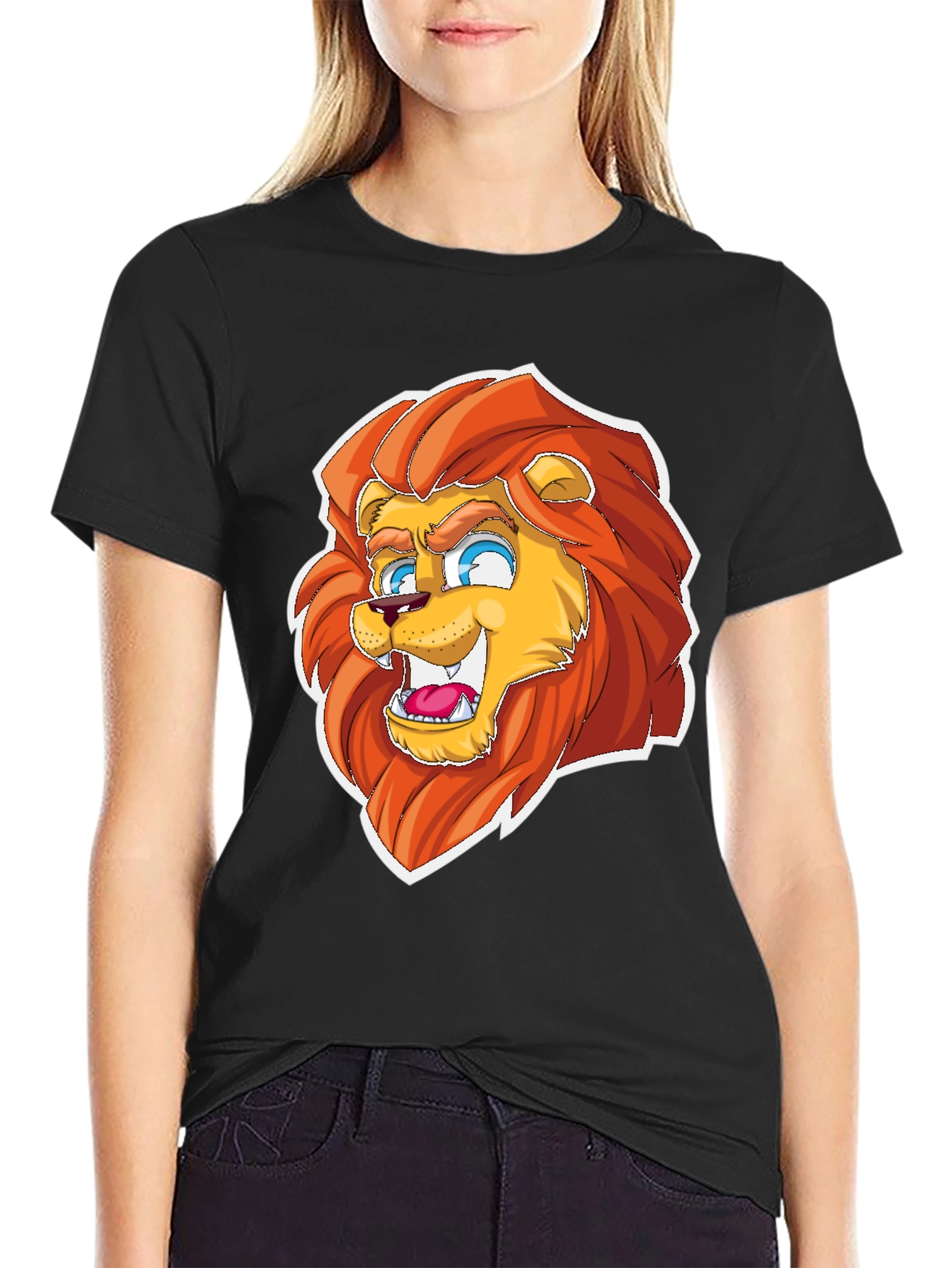 Cartoon Lion Graphic Tee - Black Cotton Blend