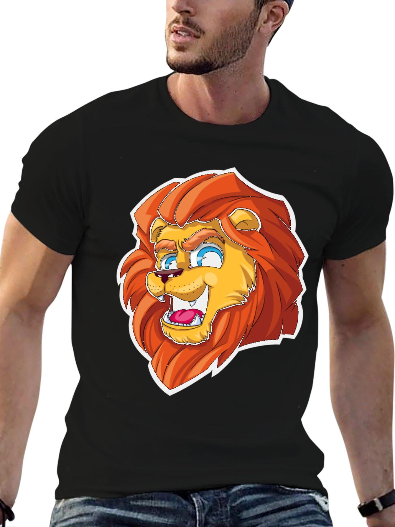 Cartoon Lion Graphic Tee - Black Cotton Blend