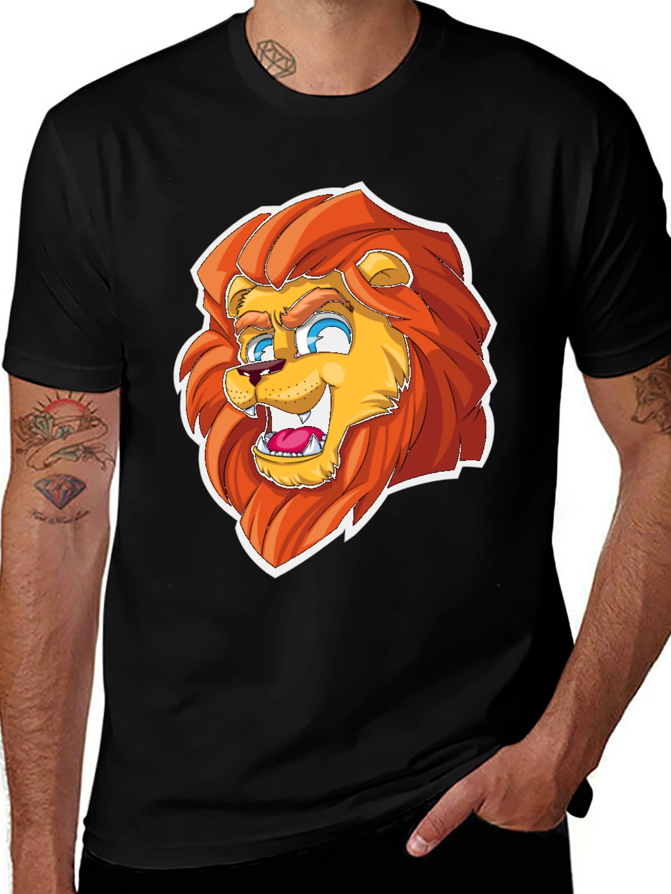 Cartoon Lion Graphic Tee - Black Cotton Blend