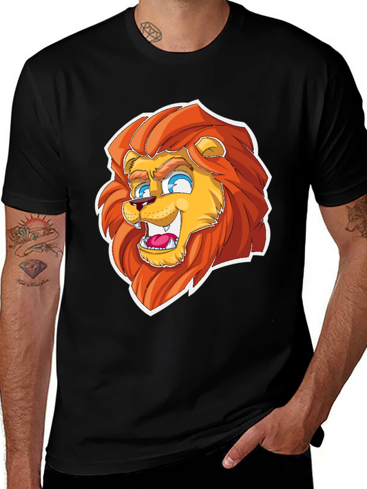Cartoon Lion Graphic Tee - Black Cotton Blend