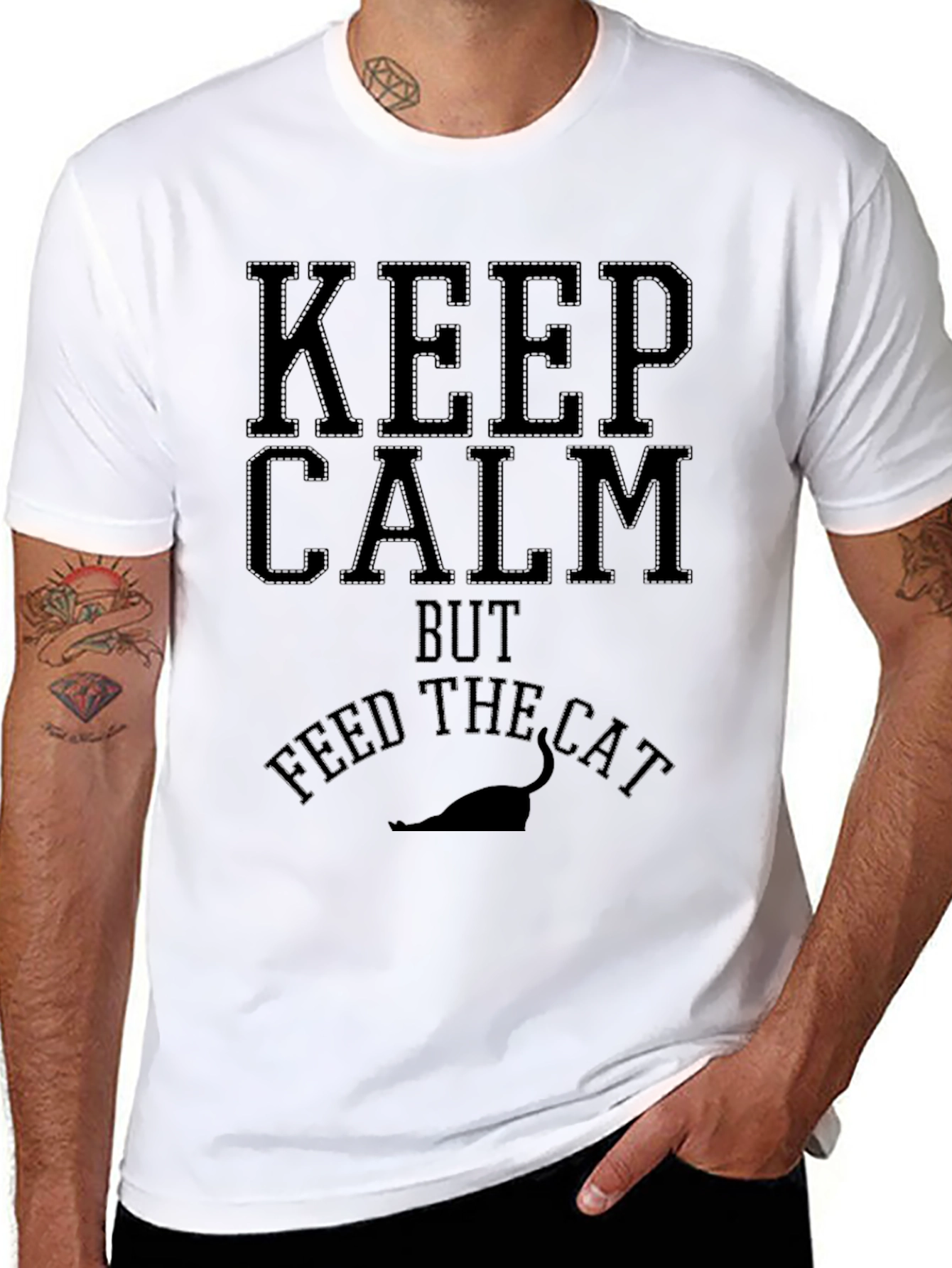 Keep Calm Feed Cat Black Graphic Tee - Mens