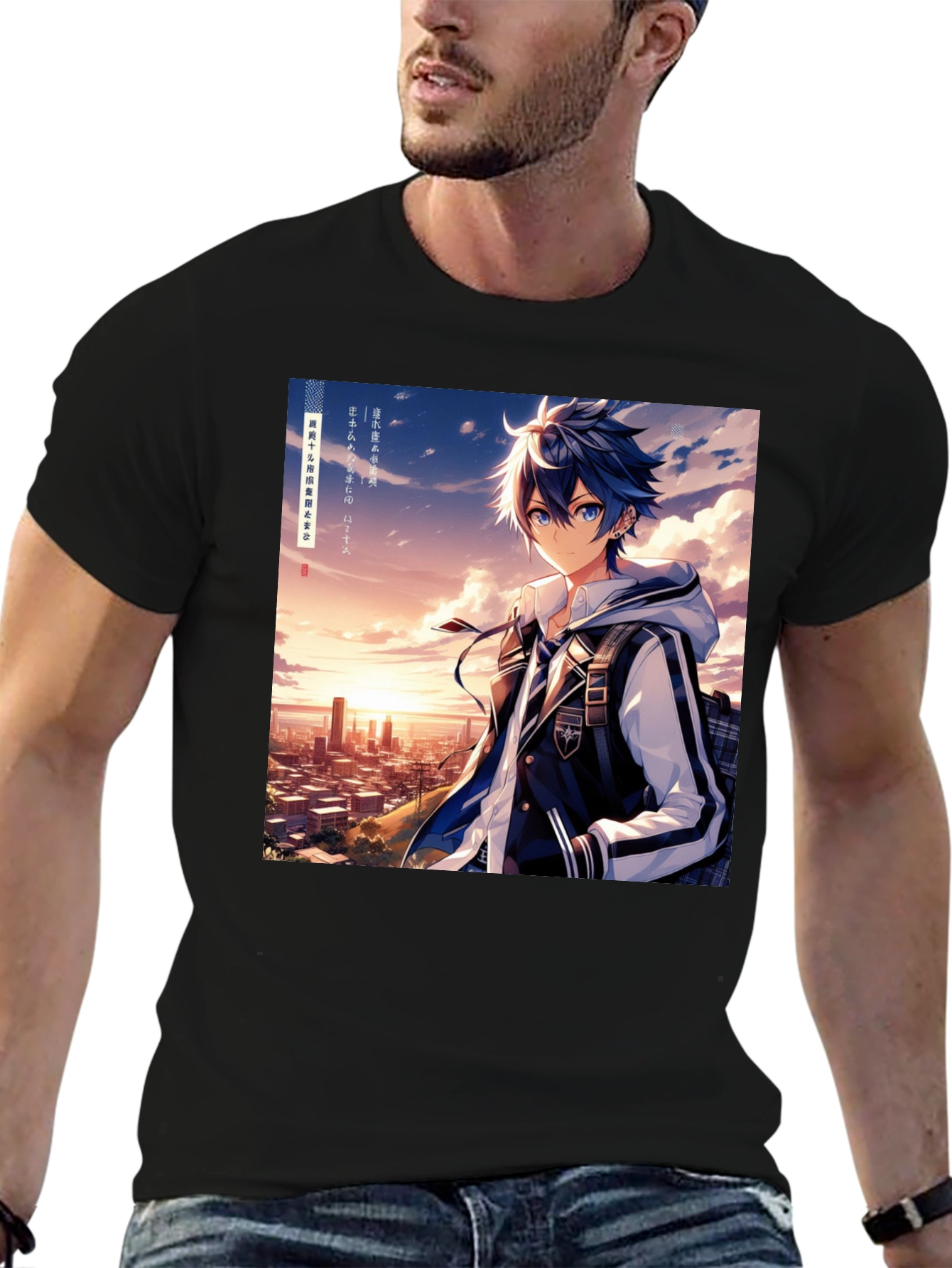 Anime Style Graphic Tee - Cityscape Anime Boy