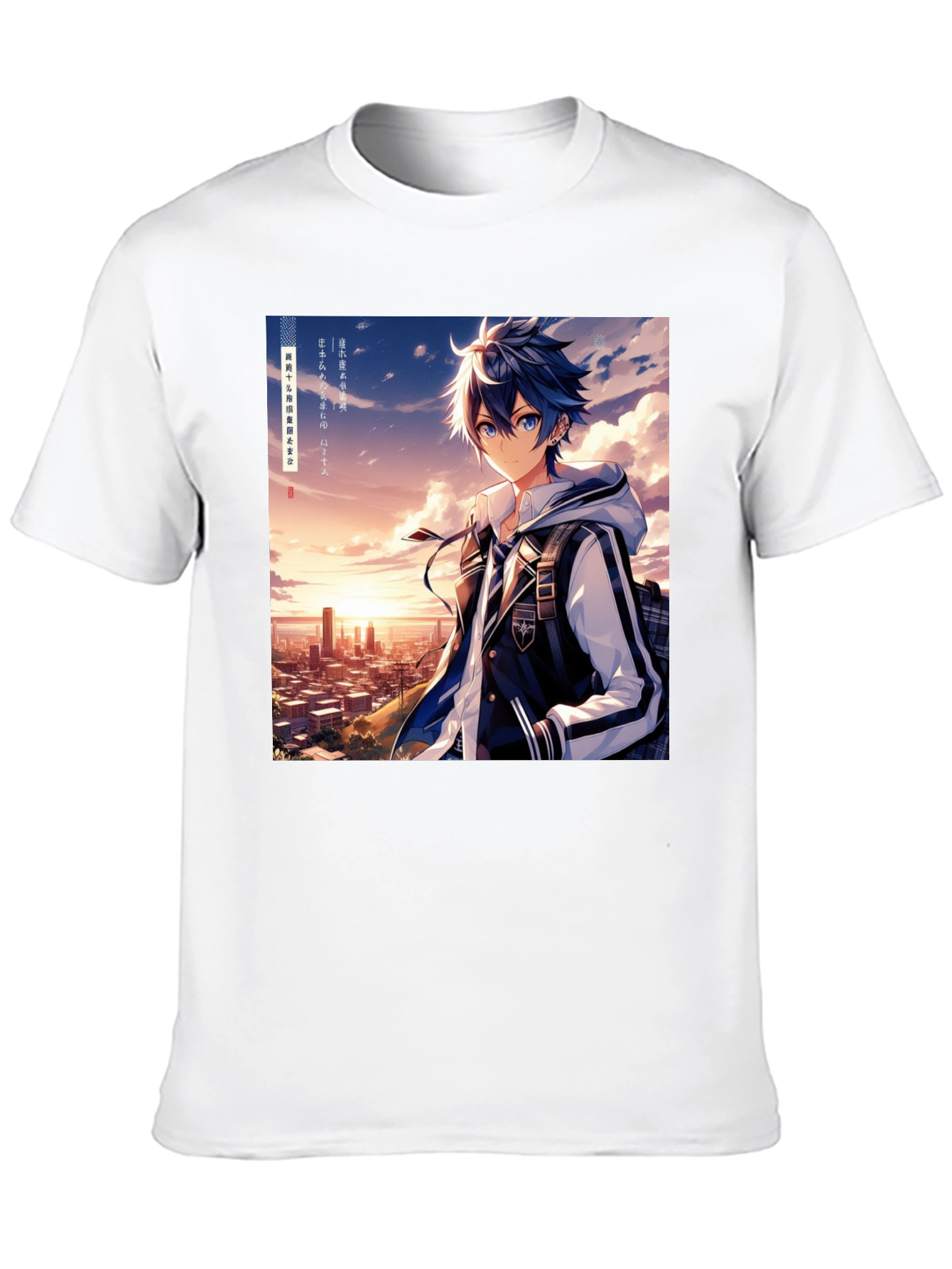 Anime Style Graphic Tee - Cityscape Anime Boy