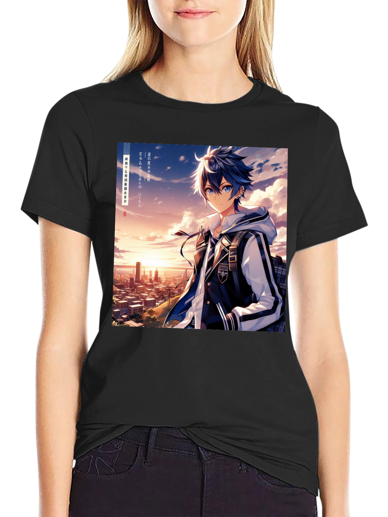 Anime Style Graphic Tee - Cityscape Anime Boy
