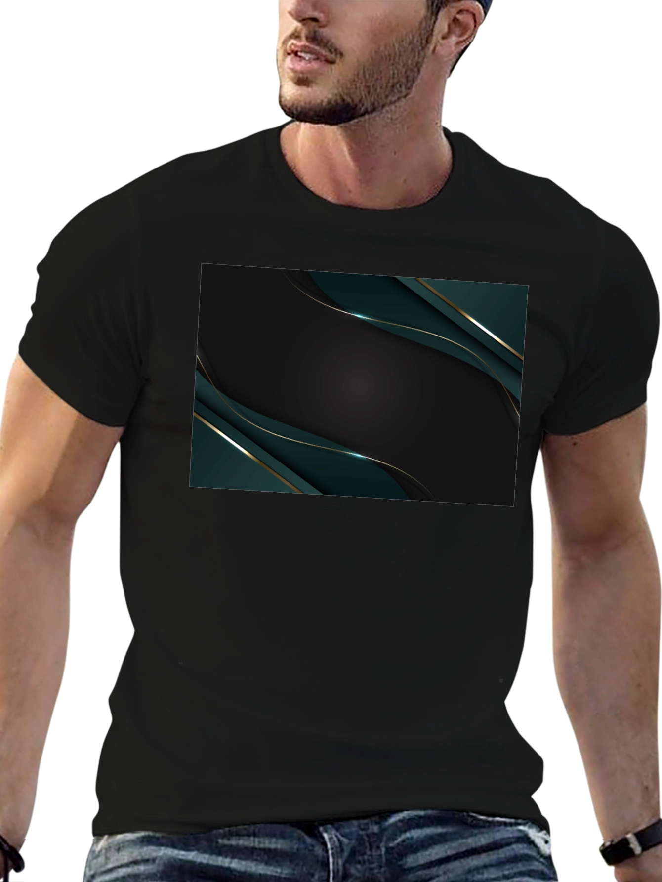 Sleek Black Tee with Abstract Emerald Design