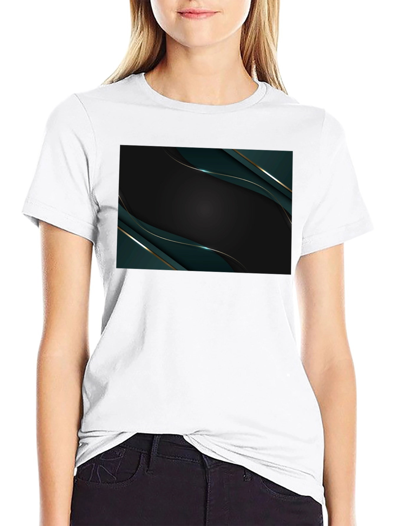 Sleek Black Tee with Abstract Emerald Design