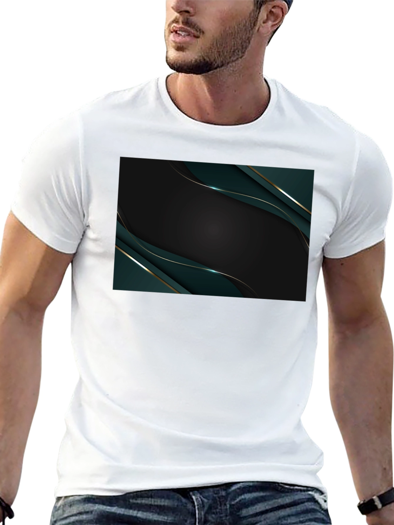 Sleek Black Tee with Abstract Emerald Design