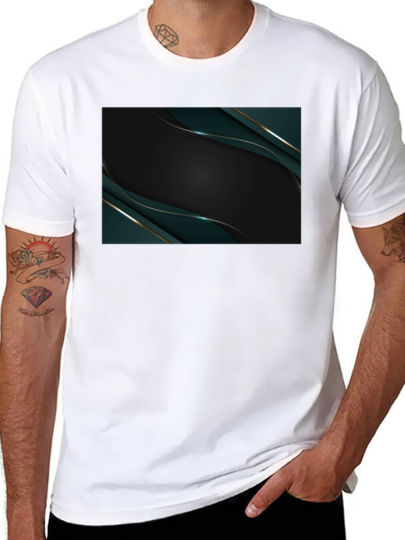 Sleek Black Tee with Abstract Emerald Design