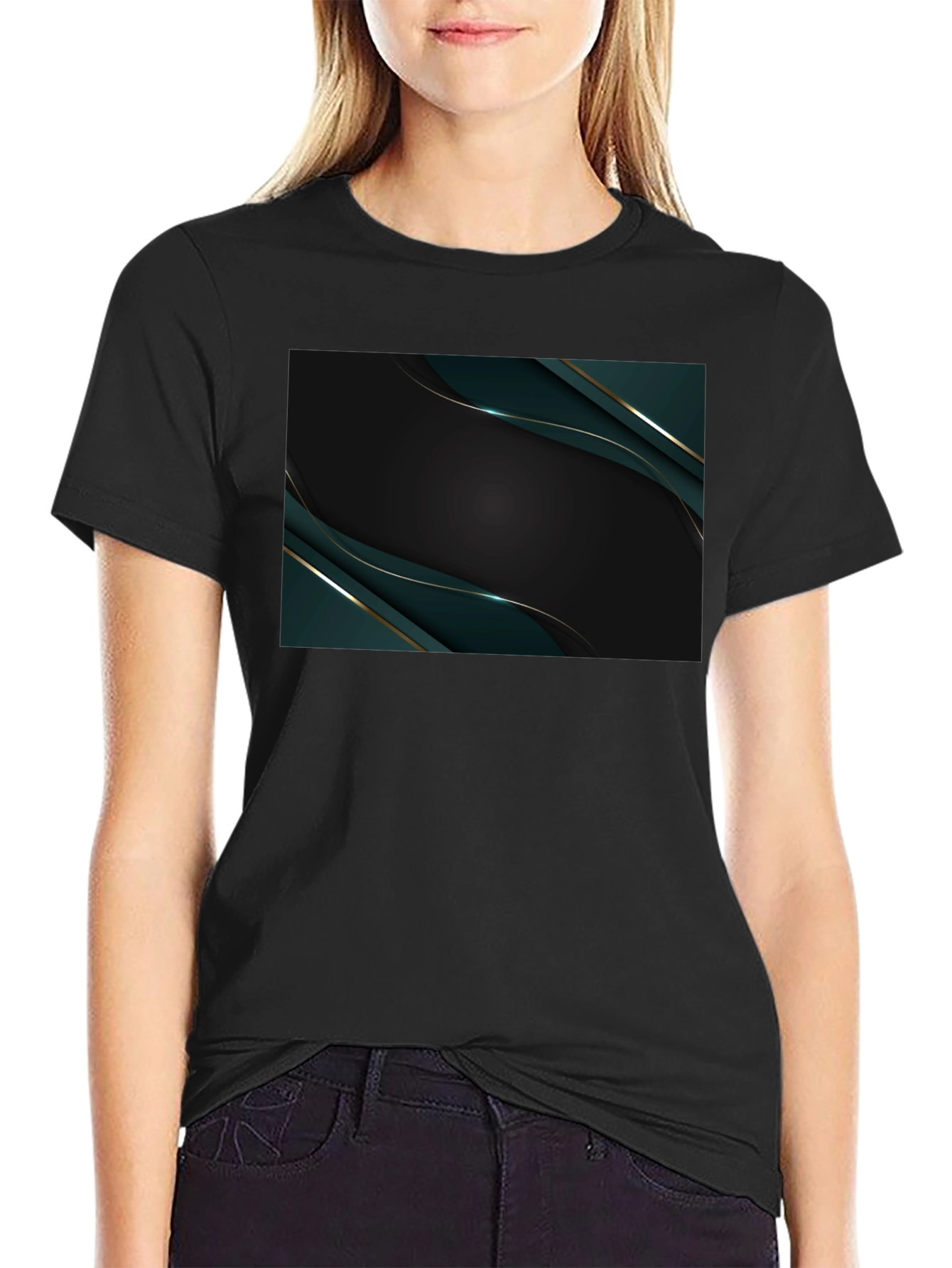 Sleek Black Tee with Abstract Emerald Design