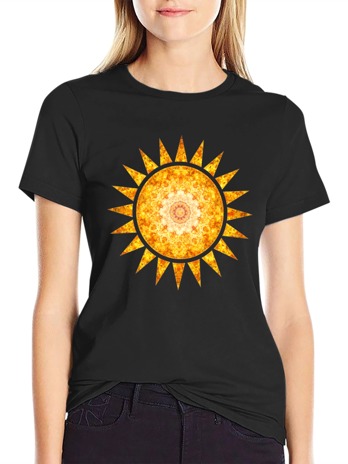 Fiery Sun Mandala Graphic Tee - Black