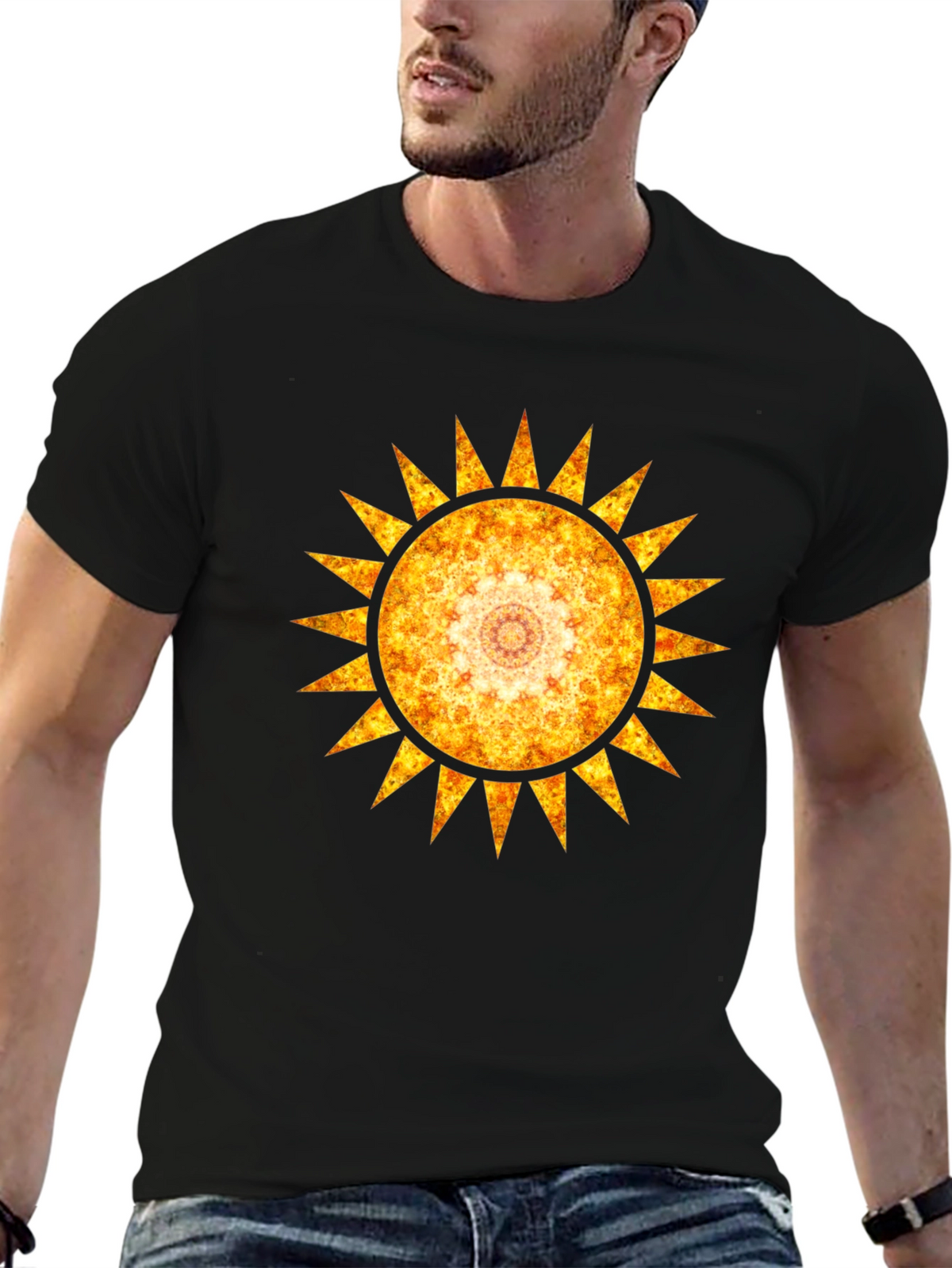 Fiery Sun Mandala Graphic Tee - Black