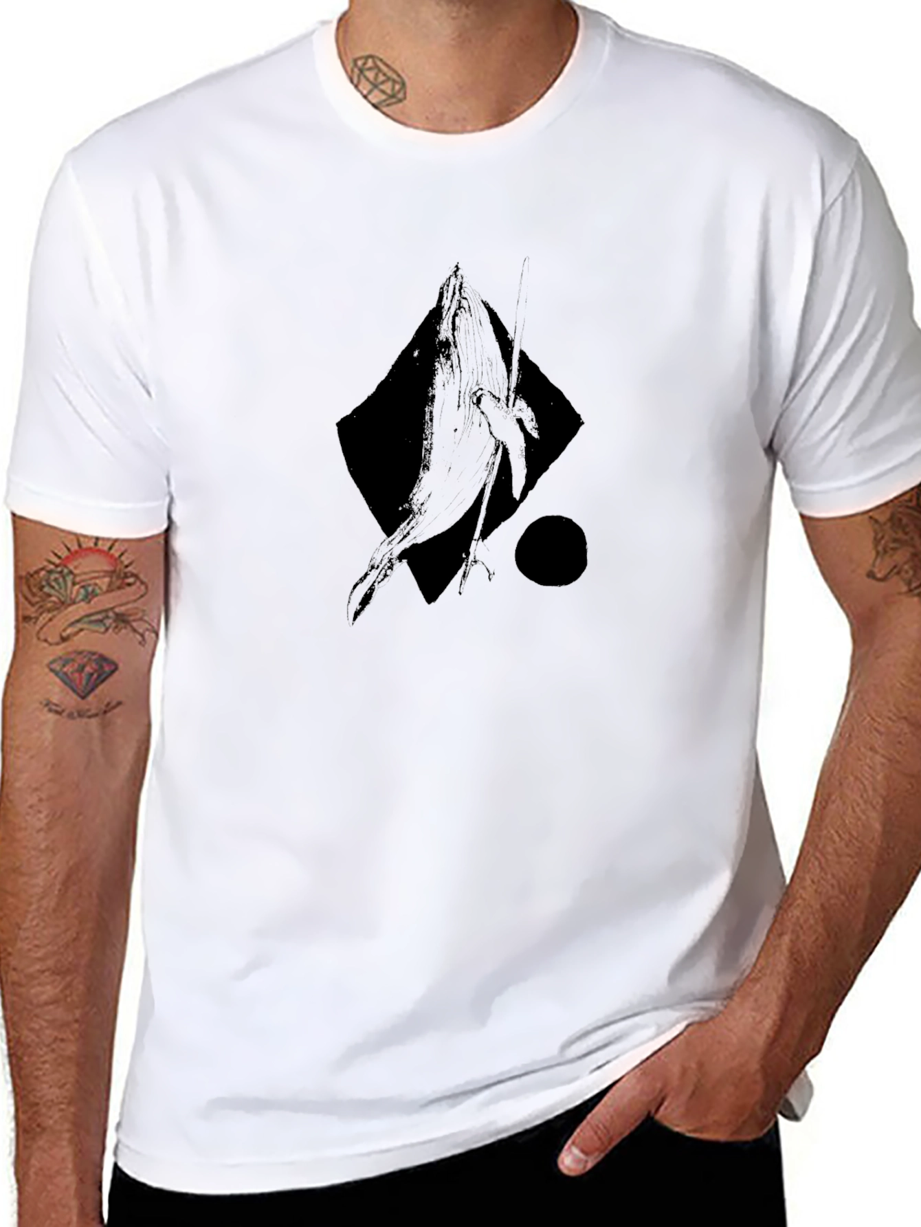 Abstract Whale Graphic Tee - Black Cotton Casual T-Shirt