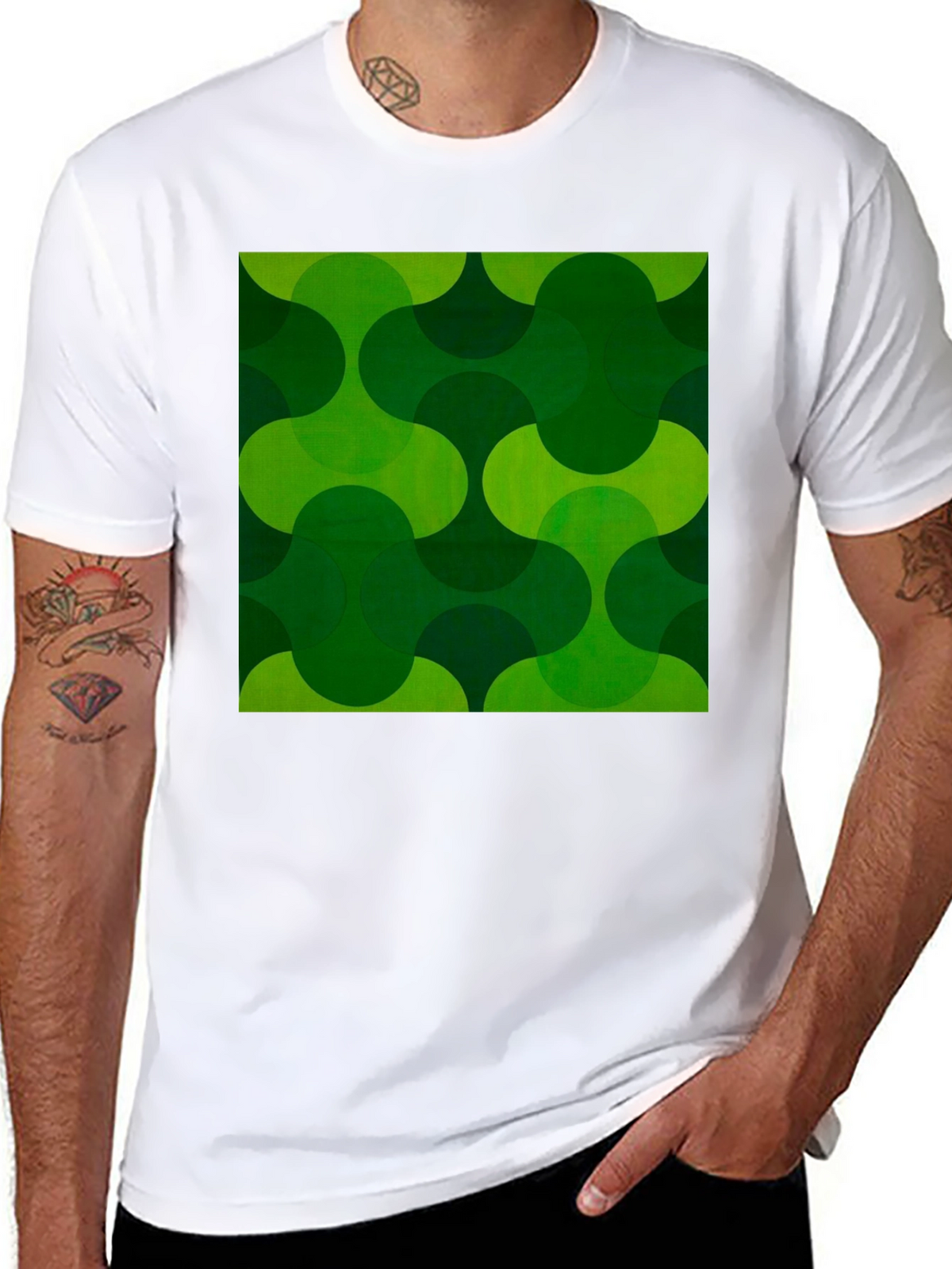 Retro Green Geometric Print Black T-Shirt