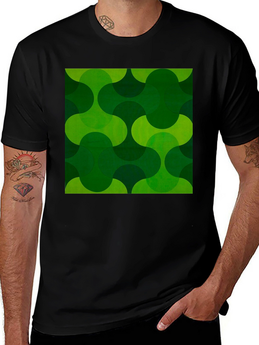 Retro Green Geometric Print Black T-Shirt