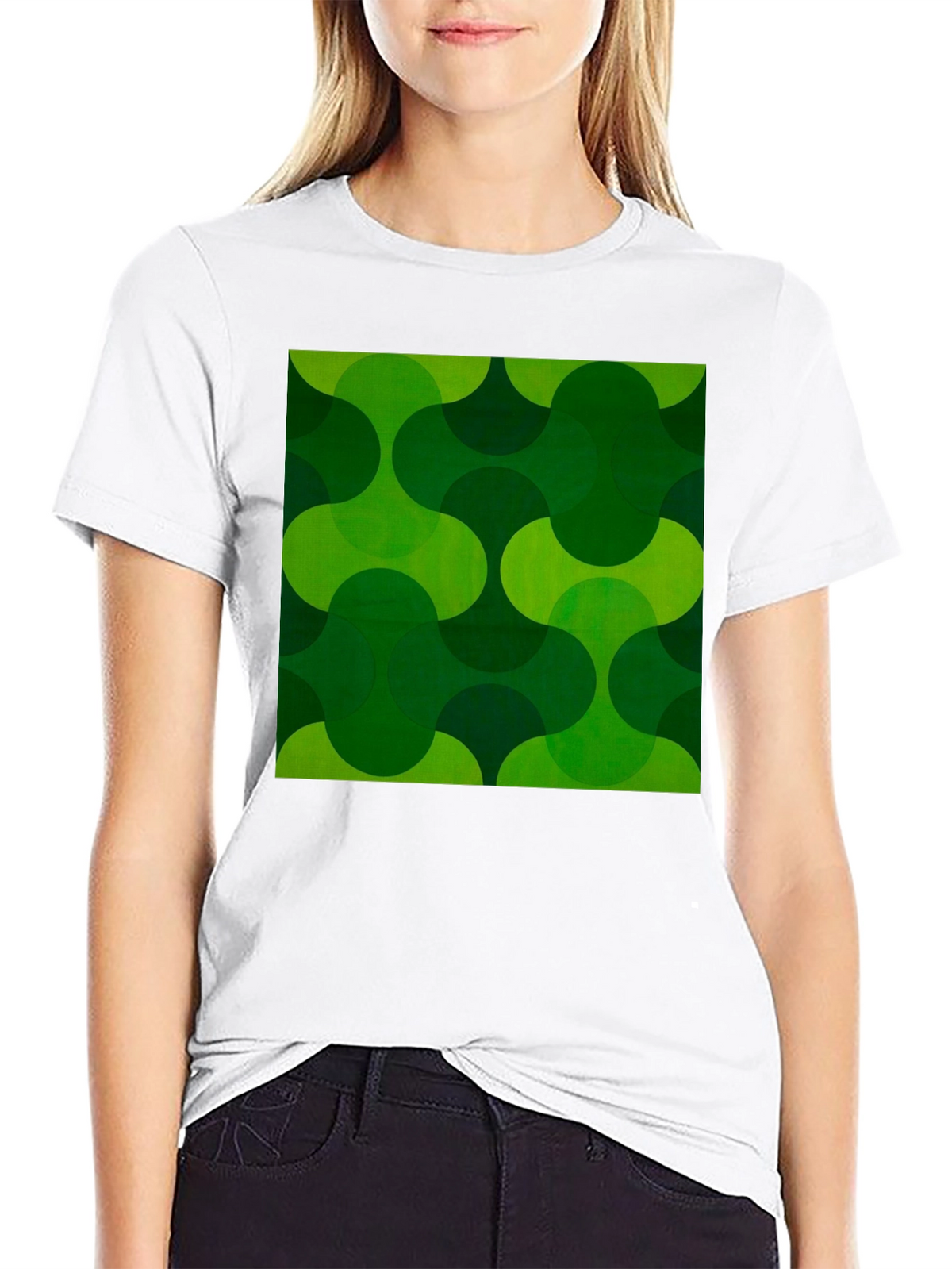 Retro Green Geometric Print Black T-Shirt
