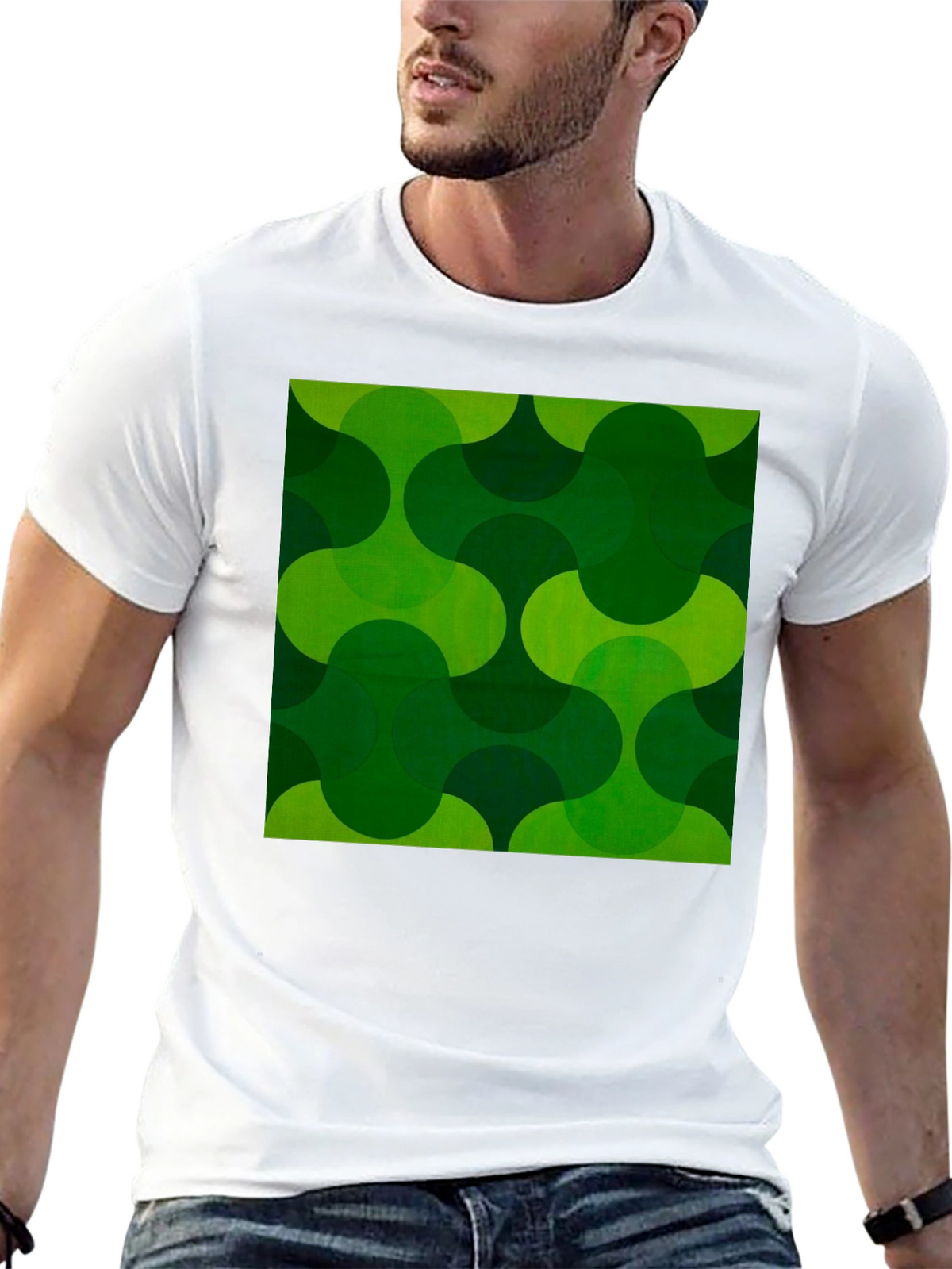 Retro Green Geometric Print Black T-Shirt
