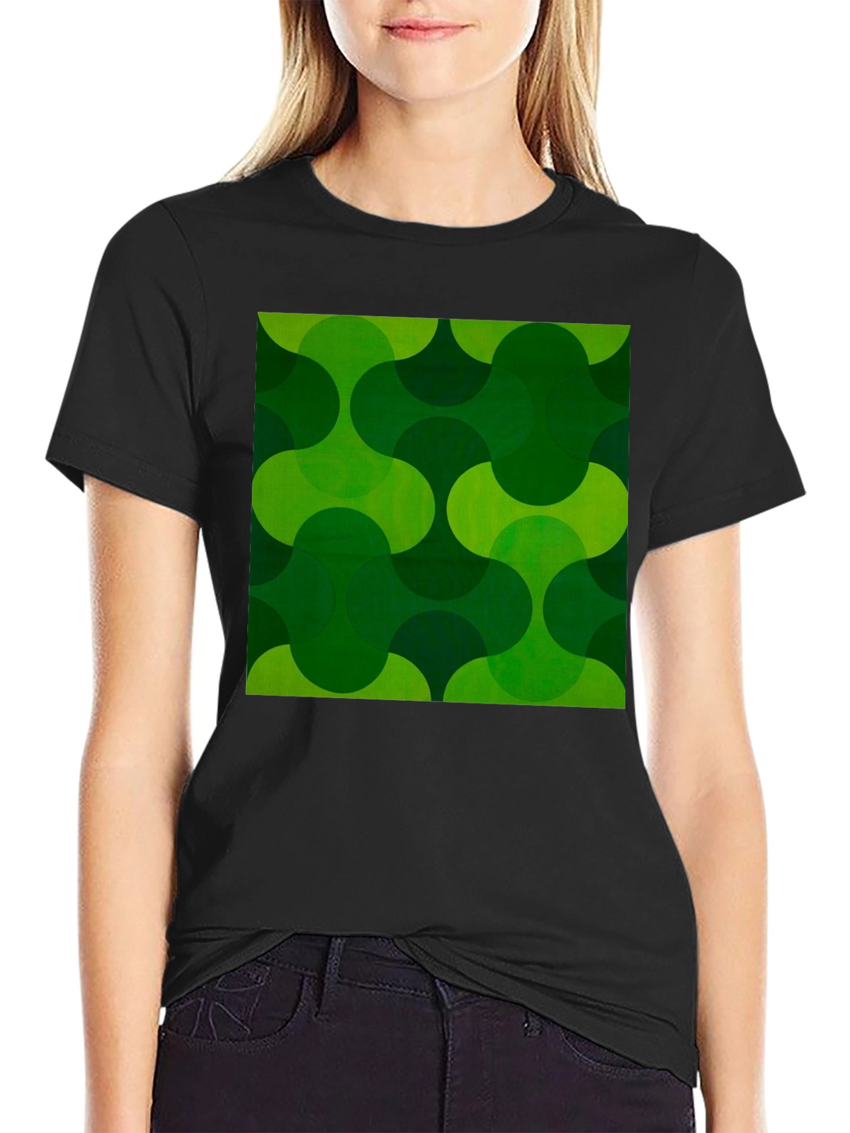 Retro Green Geometric Print Black T-Shirt
