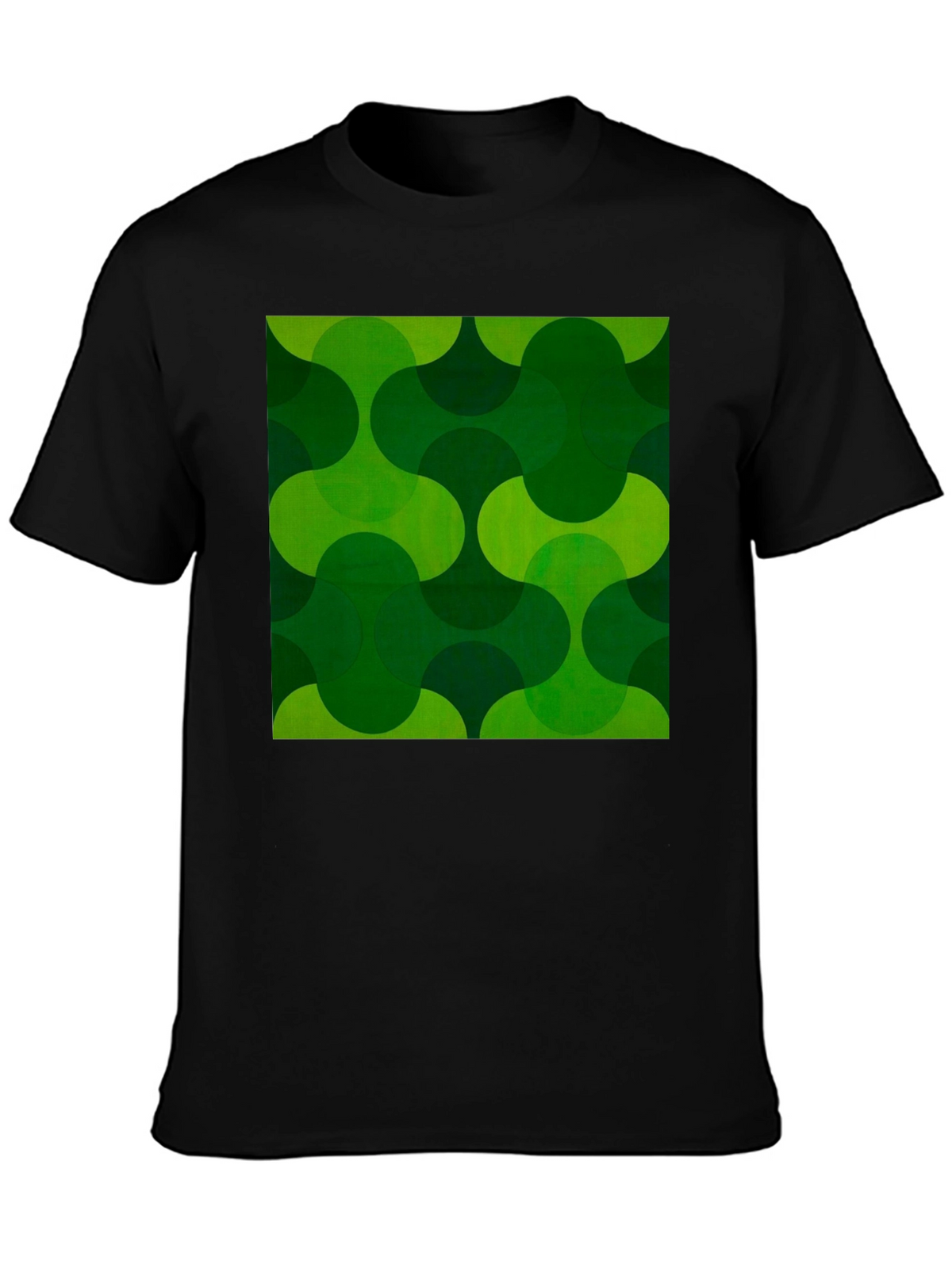 Retro Green Geometric Print Black T-Shirt