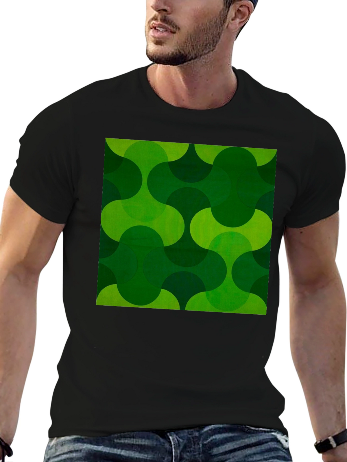 Retro Green Geometric Print Black T-Shirt