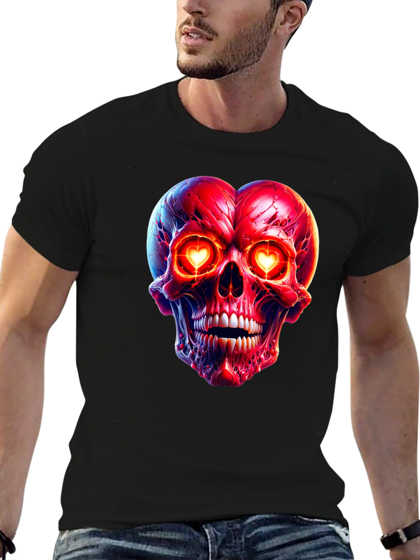 Heart-Eyed Skull Graphic Tee - Black