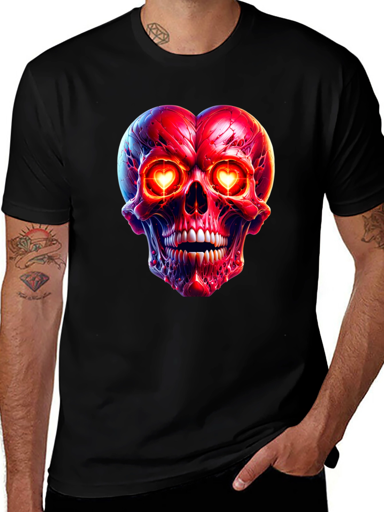 Heart-Eyed Skull Graphic Tee - Black