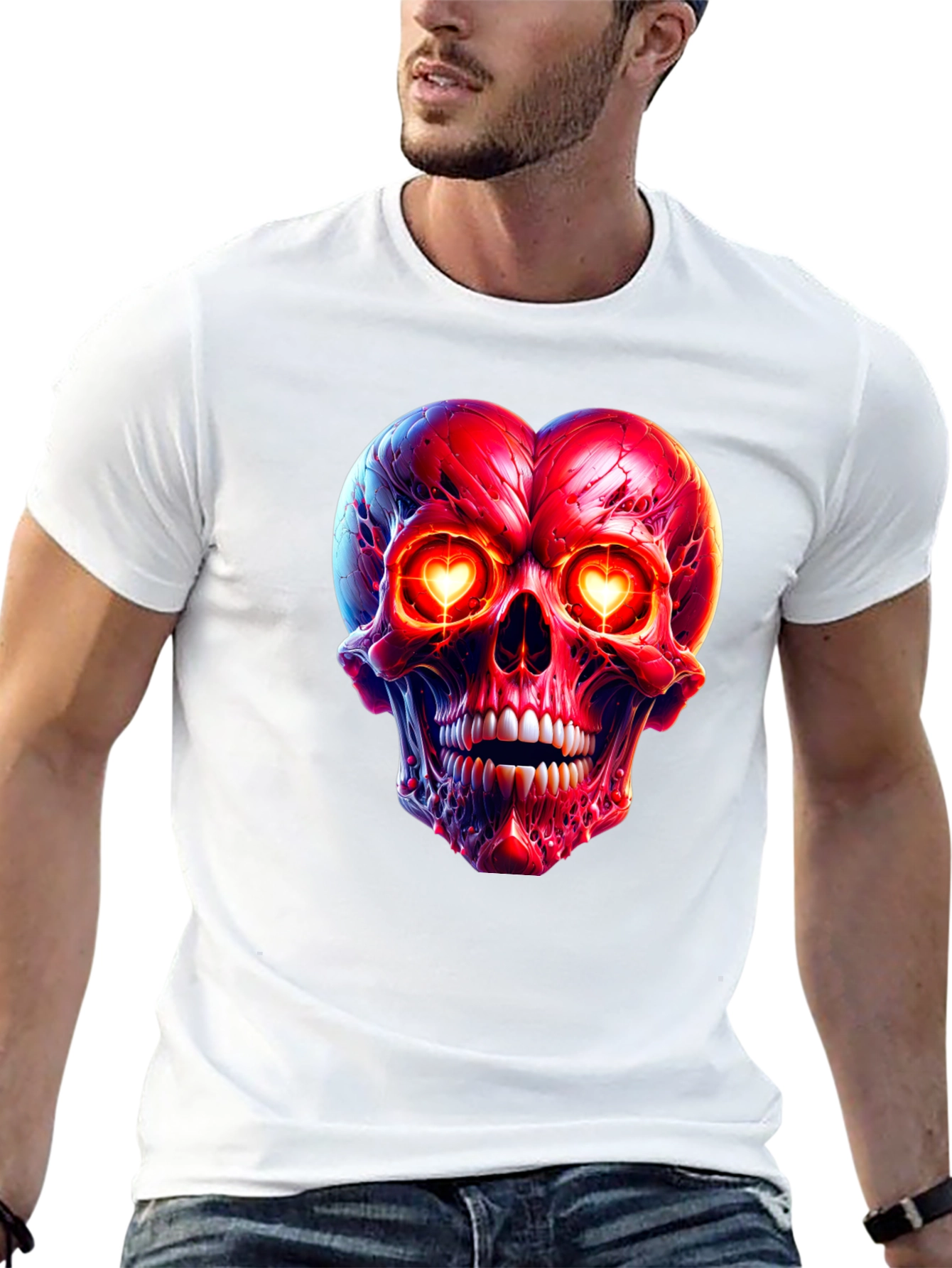 Heart-Eyed Skull Graphic Tee - Black