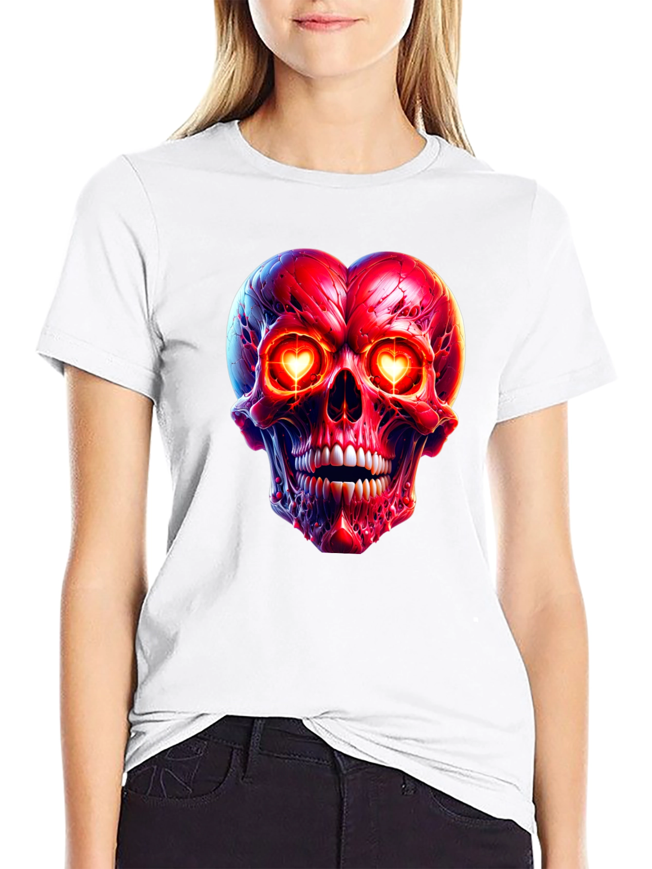 Heart-Eyed Skull Graphic Tee - Black