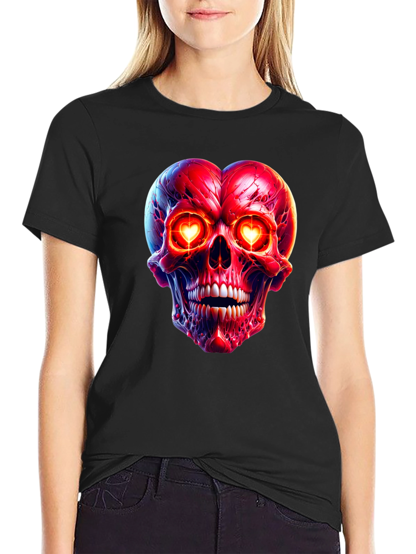 Heart-Eyed Skull Graphic Tee - Black