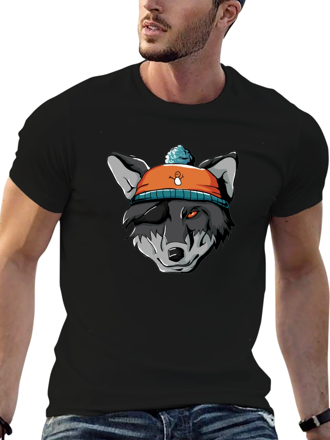 Wolf in Beanie Black T-Shirt - Unique Graphic Tee