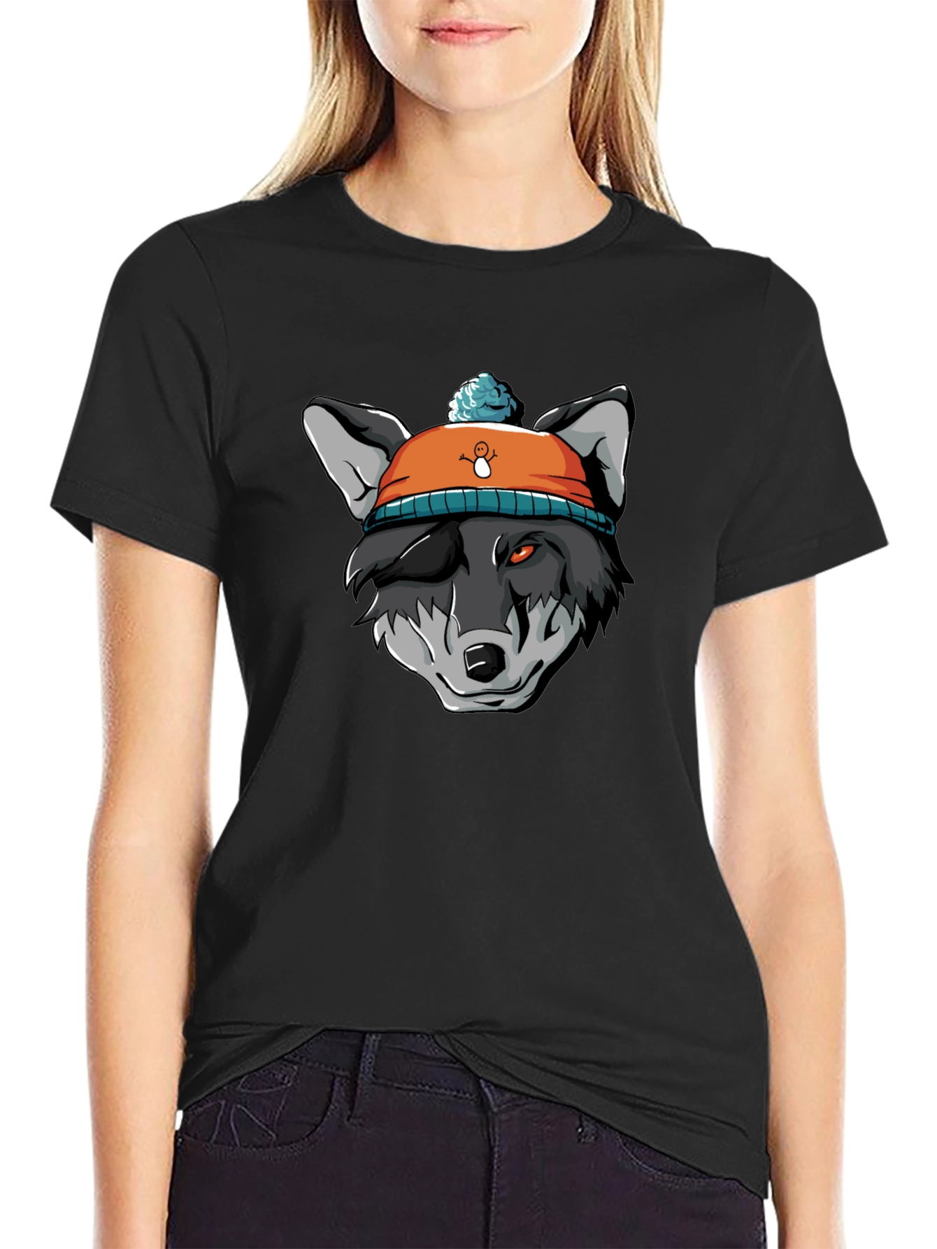 Wolf in Beanie Black T-Shirt - Unique Graphic Tee