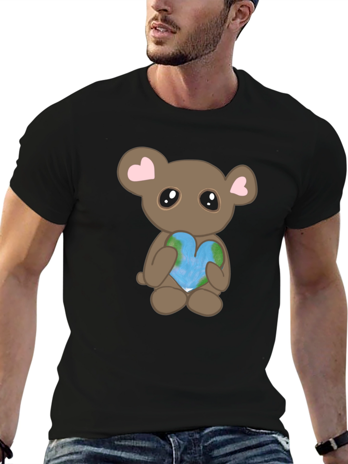 Cute Bear Holding Heart Earth Graphic T-Shirt