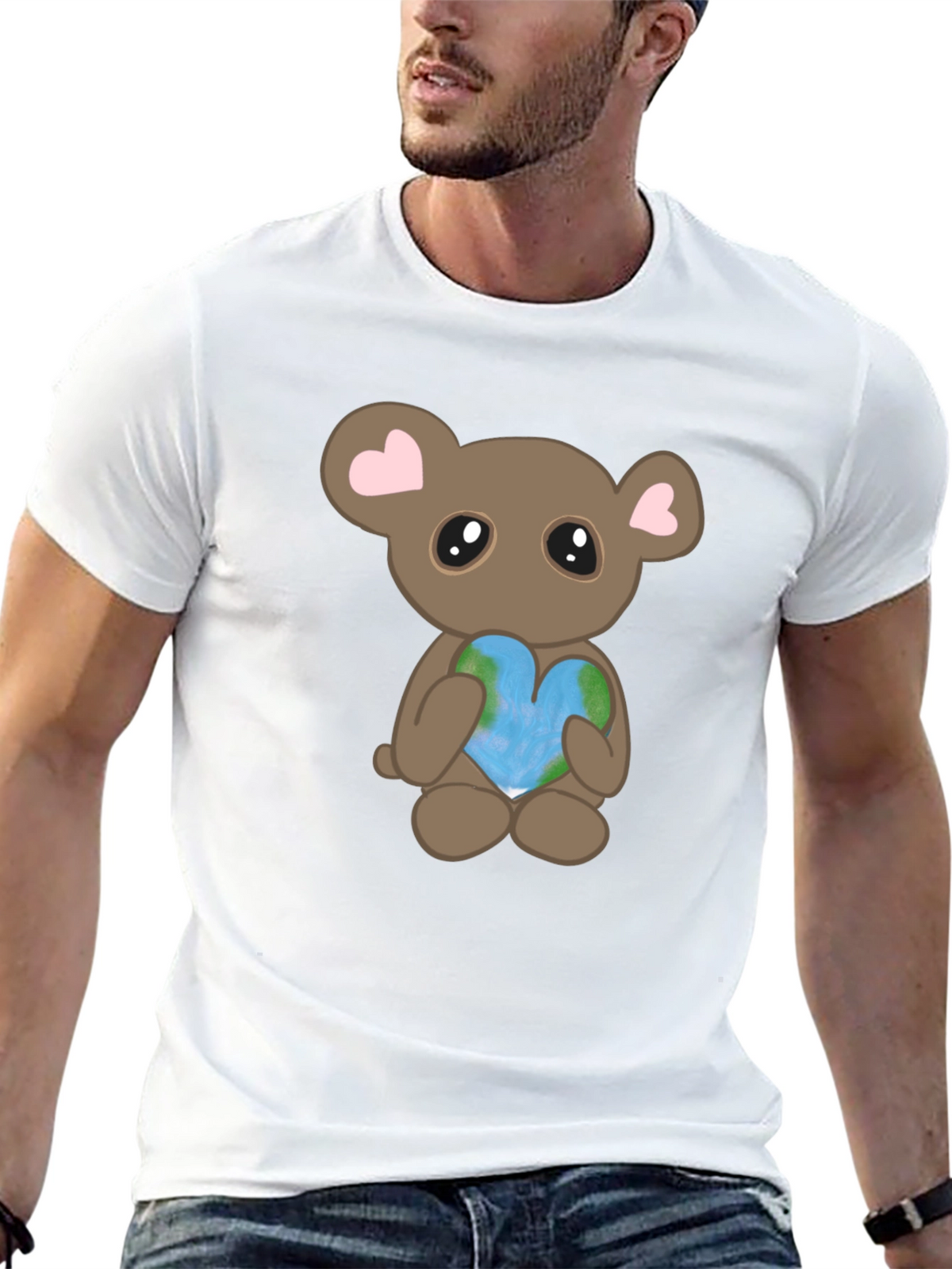Cute Bear Holding Heart Earth Graphic T-Shirt