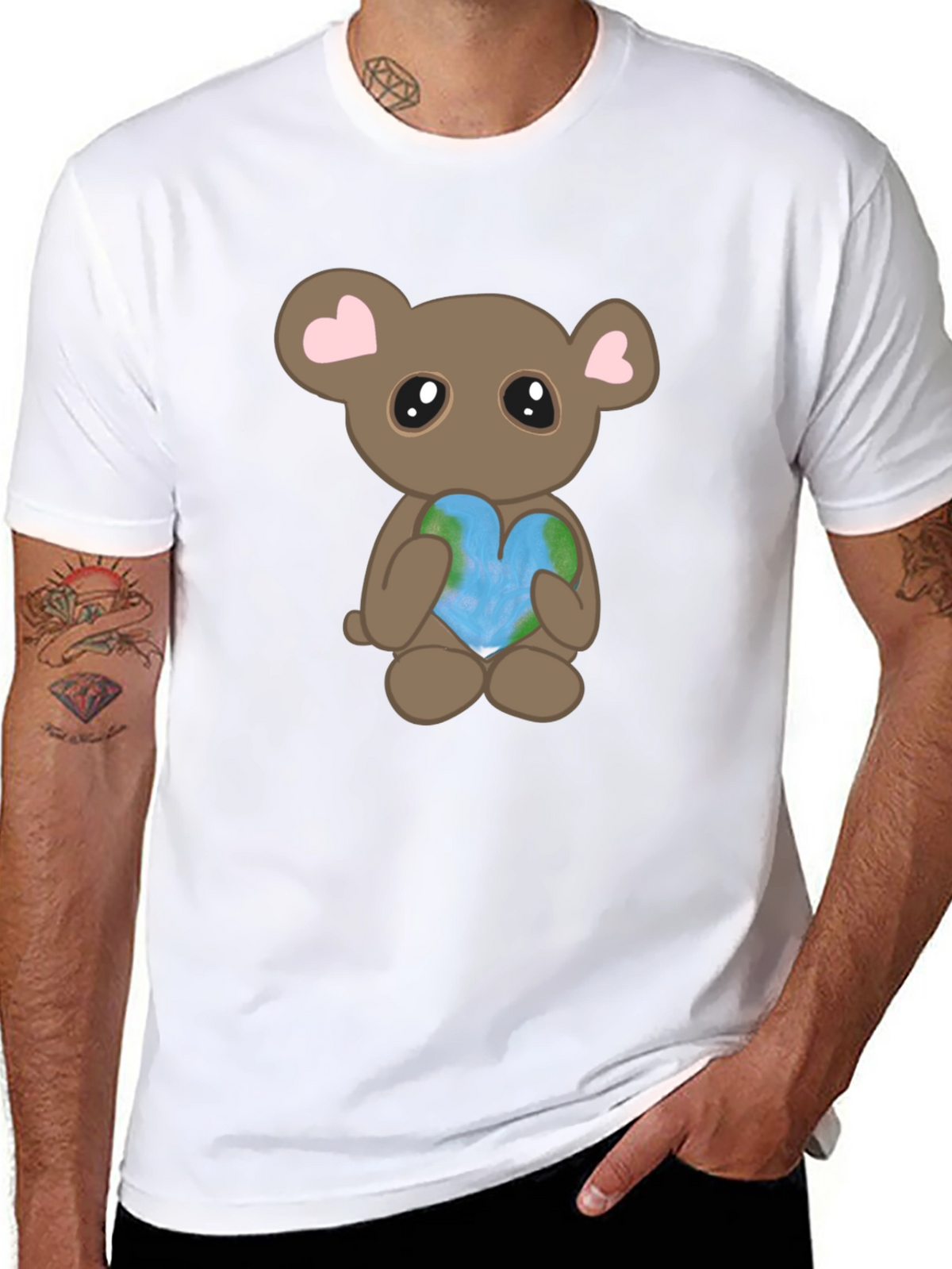 Cute Bear Holding Heart Earth Graphic T-Shirt