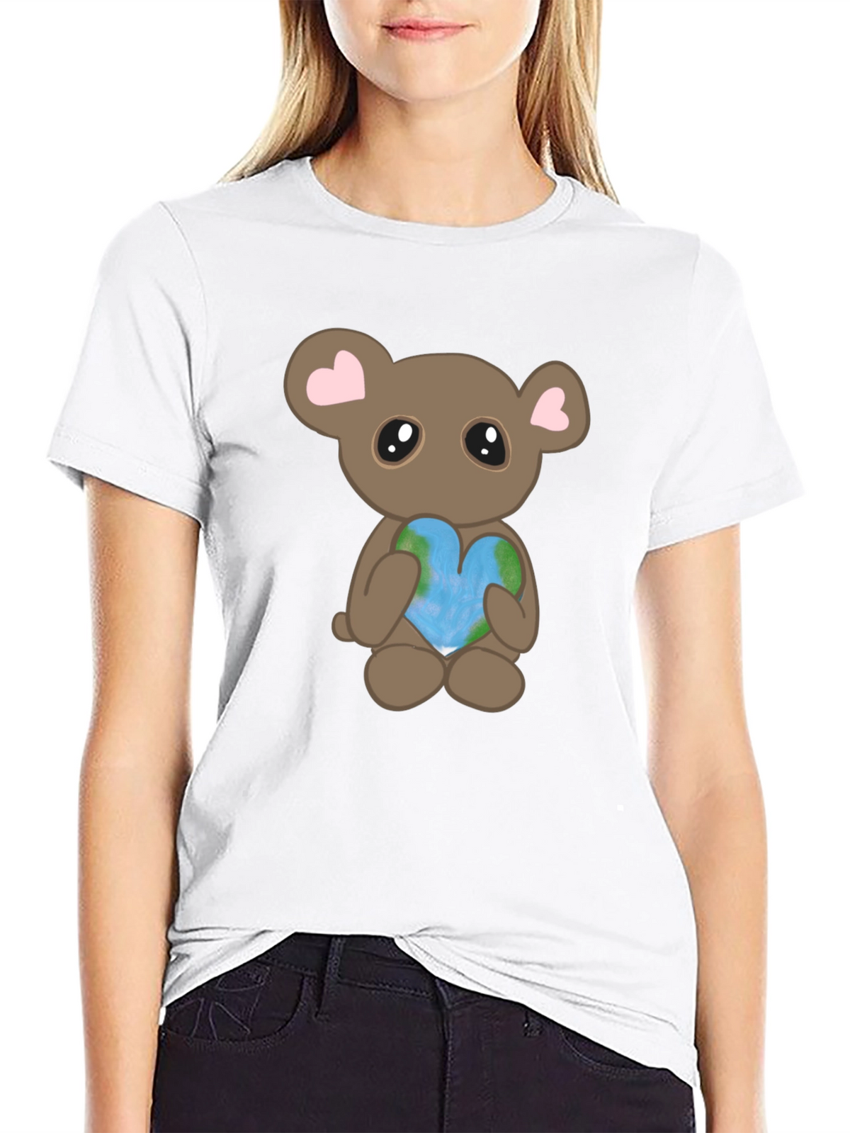 Cute Bear Holding Heart Earth Graphic T-Shirt