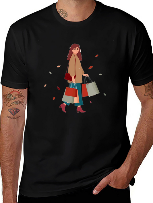 Stylish Shopper Graphic Tee - Black Cotton Casual Wear