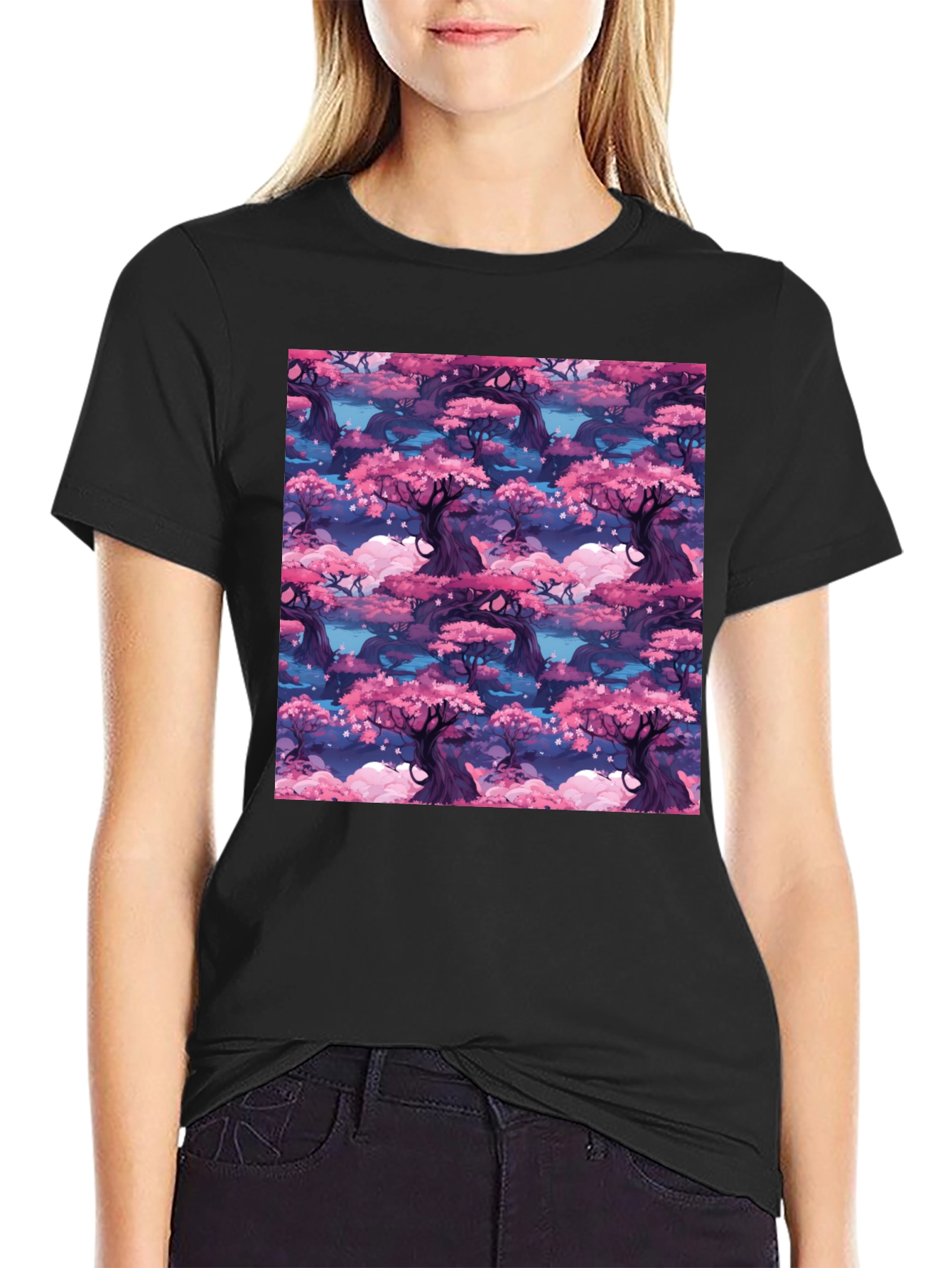 Sakura Forest Print Black T-Shirt