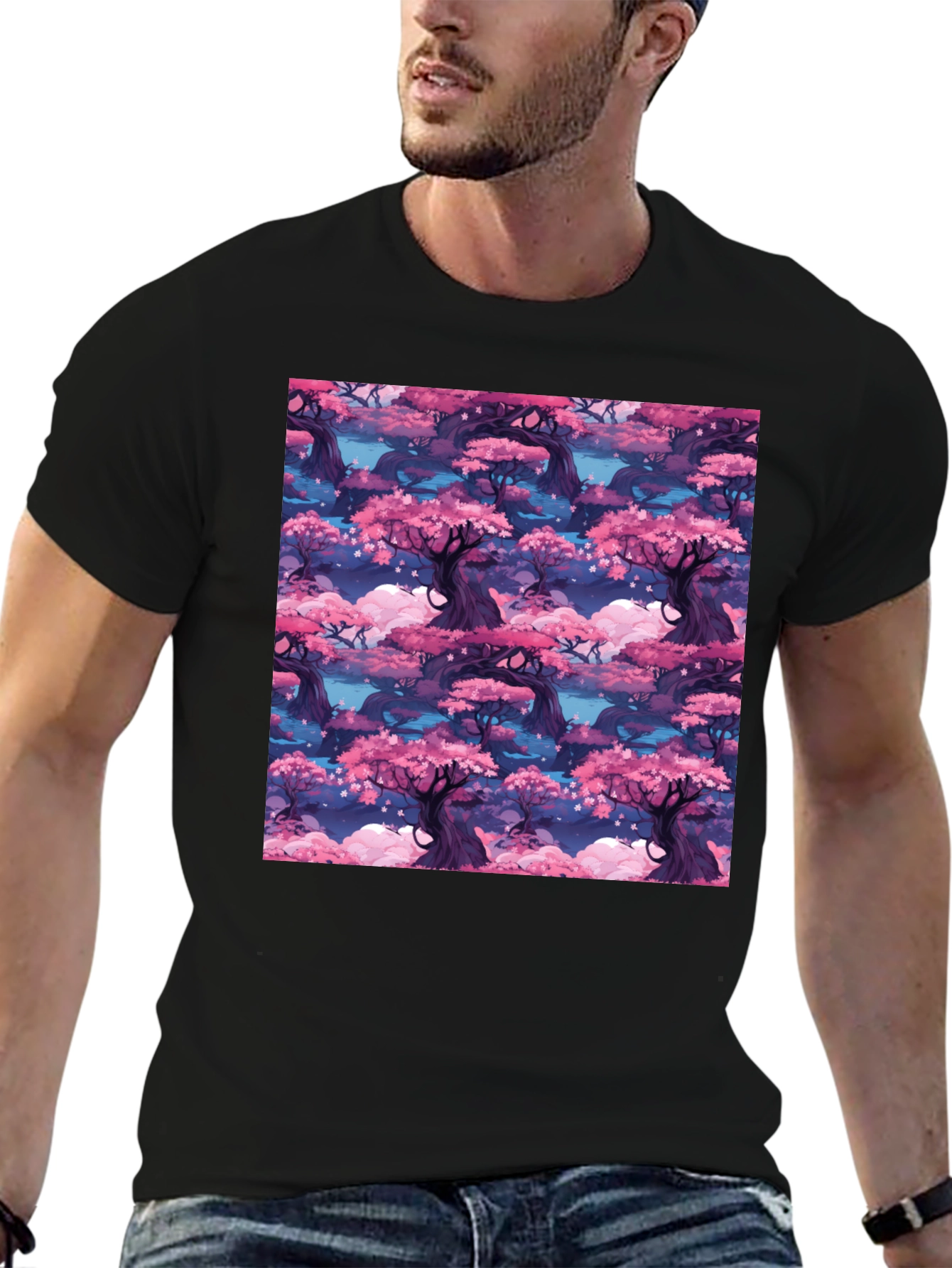 Sakura Forest Print Black T-Shirt